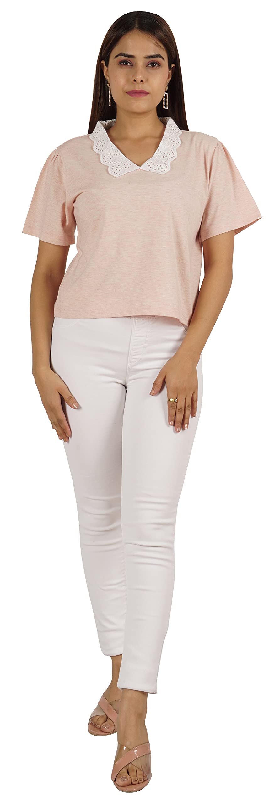 Women's Peter Pan Lace Collar Casual T-Shirt - Soft Jersey Short Sleeve Top for Everyday Wear | Perfect for Office, Dating & Weekend Outfits