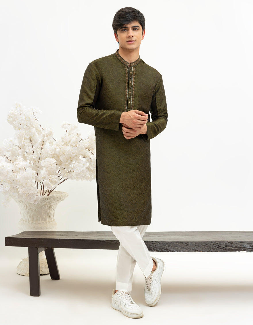 Stylish Blended Mehndi Green Kurta by J. Junaid Jamshed - Elegant Pakistani Traditional Wear for Weddings & Festivals