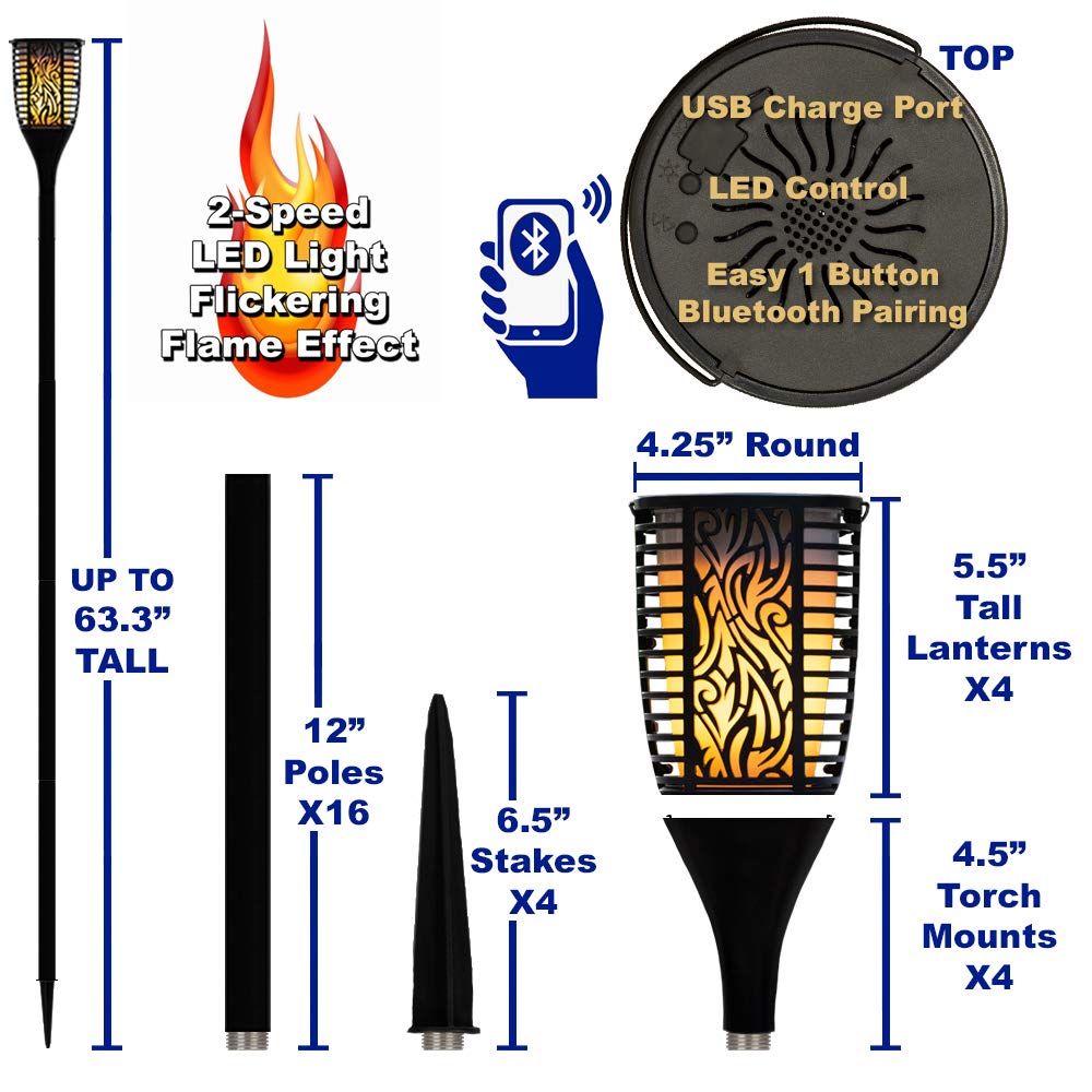 Theater Solutions TT100 240W Rechargeable Bluetooth Tiki Torch Speaker - Wireless Outdoor Party Speaker System with 99 Speaker Linking, 4-Pack Black Lanterns for Patio, Pool & Backyard Entertainment (TT100-2PR)