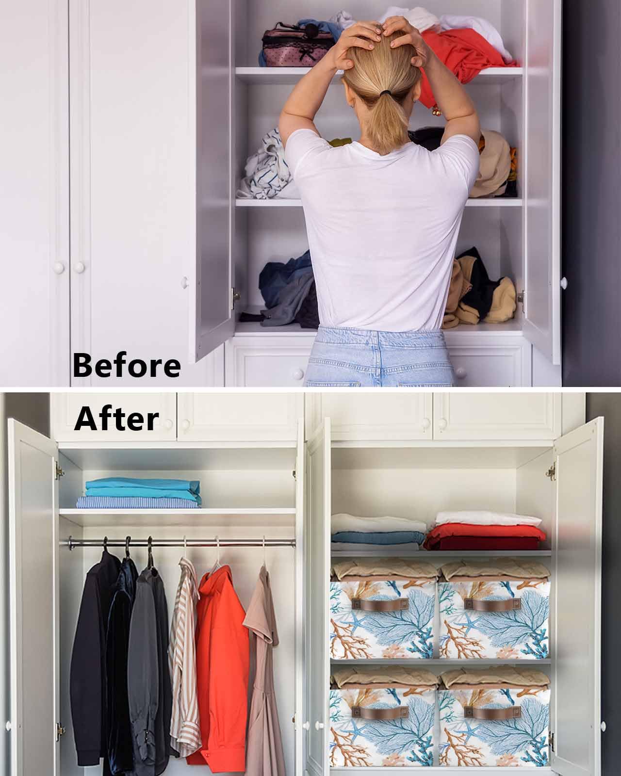 Large Collapsible Storage Bins with Handles - Summer Ocean Blue Coral Seamless Storage Baskets, Starfish Marine Life Cube Organizers for Shelves, Closet, Nursery | Perfect for Home Organization, Kids' Room & Beach-Themed Decor
