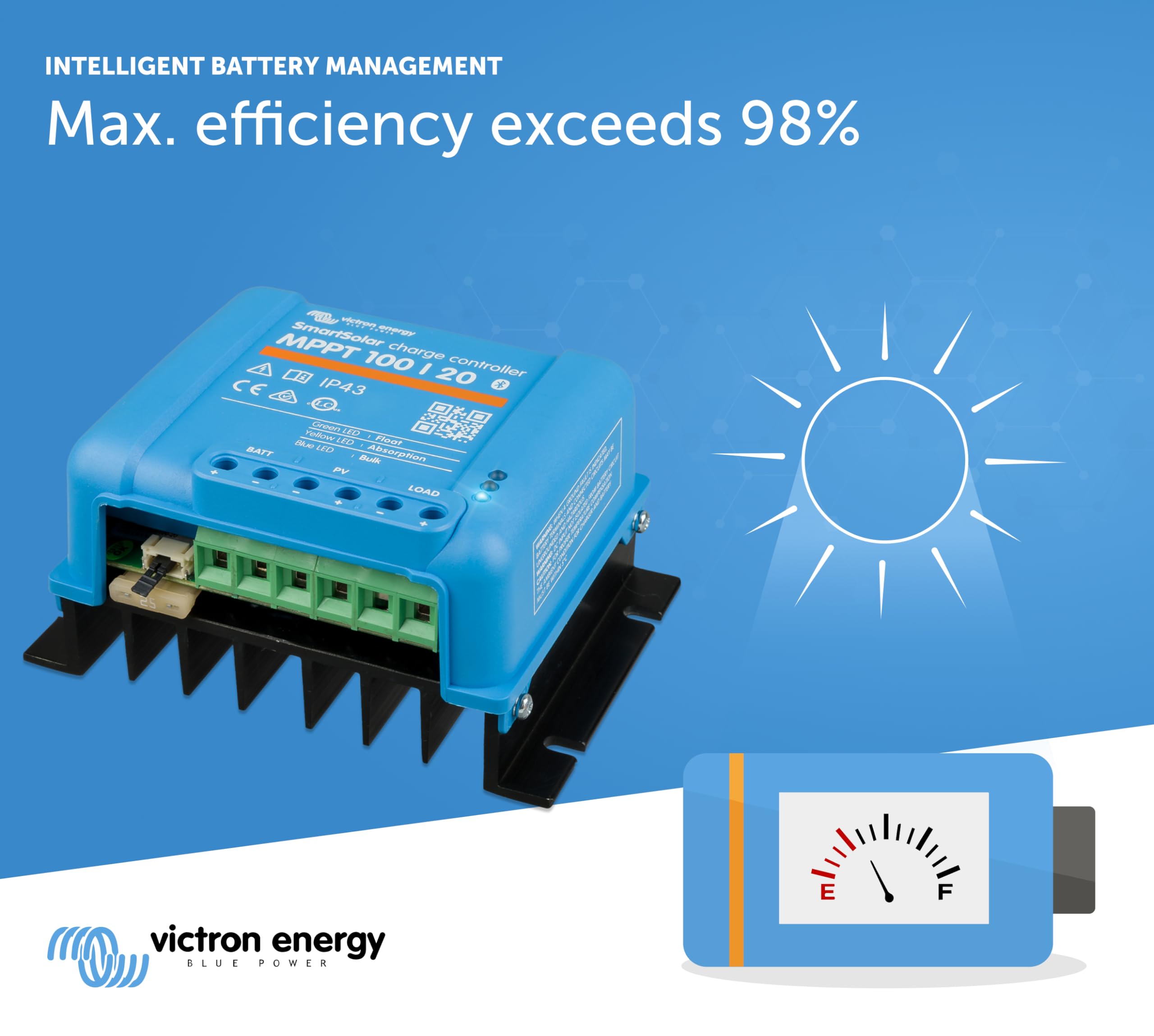 Victron Energy SmartSolar MPPT 100V 20A 48V Solar Charge Controller with Bluetooth - High Efficiency Solar Panel Battery Charger for RV, Boat, Off-Grid Power Systems