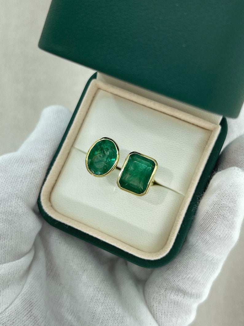 8.80tcw 18K Gold Toi Et Moi Ring with Emerald & Oval Cut Deep Green Gemstones | Vintage Inspired Engagement Ring, Wedding Band, Anniversary Gift for Her