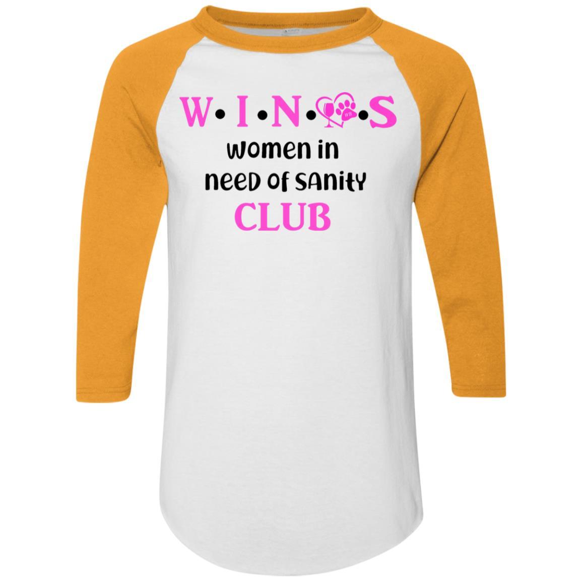 WineyBitches.Co WINOS Club Colorblock Raglan Jersey - Pink Lettering Women's Baseball Tee | Soft Cotton Blend Long Sleeve Shirt for Wine Lovers | Perfect for Wine Tasting Parties & Girls Night Out