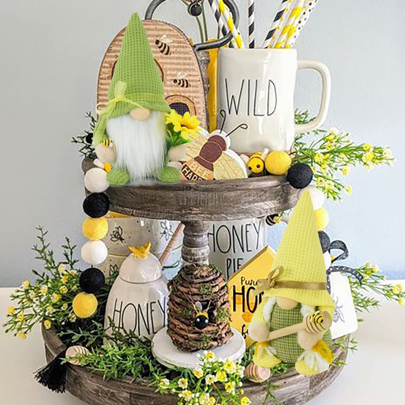 Attiigny Bumble Bee Gnome Plush Set of 2 - Handmade Honeybee Spring Summer Gnomes, Holiday Ornaments & Shelf Decor - Cute Bee Dolls for Home, Garden, and Tiered Tray Decor | Perfect for Easter, Christmas Gifts & Cozy Farmhouse Decor
