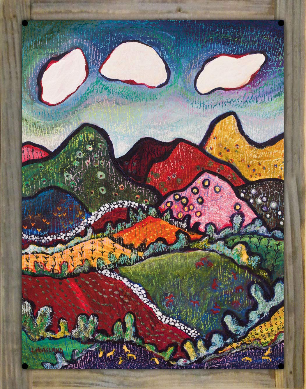 Fertile Valley: Northern California Colorful Landscape Metal Print on Reclaimed Barn Wood - Folk Art by Libby Hoagland - 17x23 Inches - Perfect for Farmhouse, Rustic & Western Home Decor