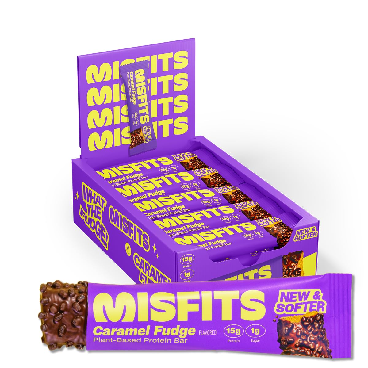 Misfits Vegan Protein Bars - Caramel Fudge Flavor | Plant-Based, Low Sugar & Low Carb, High Fiber Healthy Snacks | Pack of 15 | Perfect for Post-Workout Recovery, Keto Diet & On-the-Go Nutrition