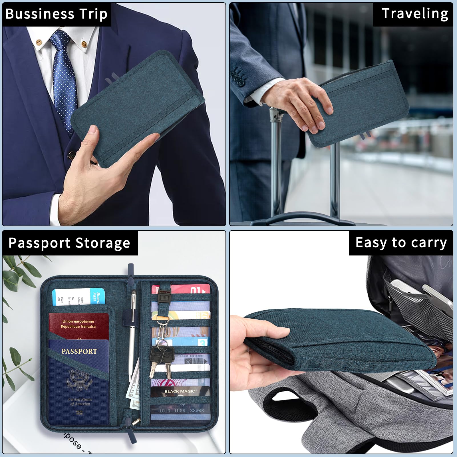 Skycase Family Travel Passport Holder - RFID Blocking Document Organizer for Credit Cards, Boarding Pass, ID, Cash, Tickets | Compact Clutch Bag for Airplane, Cruise & Vacation Essentials (Blue)