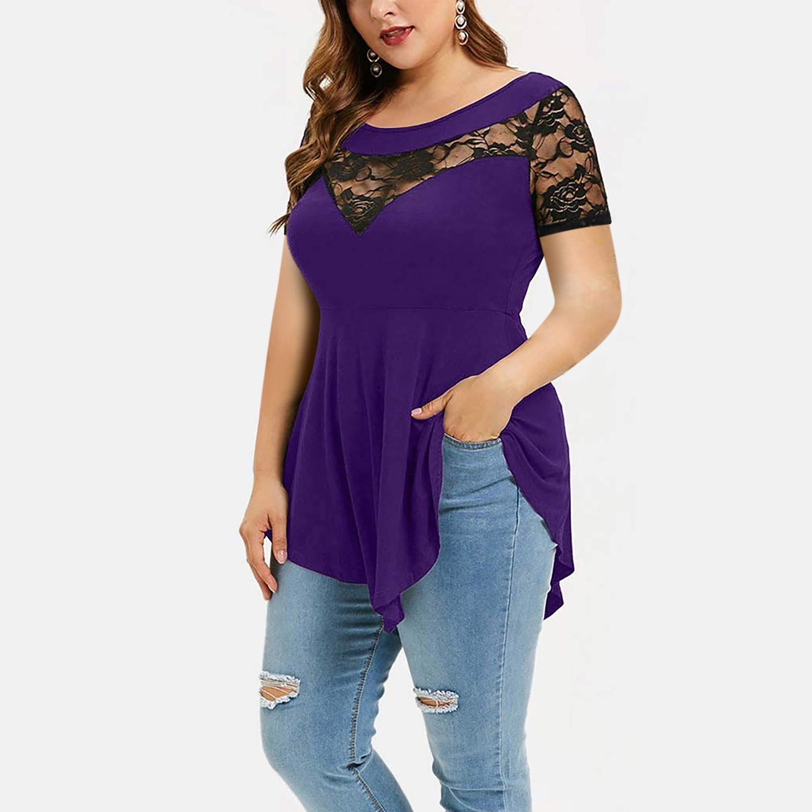 Floral Lace Asymmetric Quarter O-Neck Women's Plus Size Blouse - Elegant Floral Print Tops for Casual Wear, Office & Special Occasions