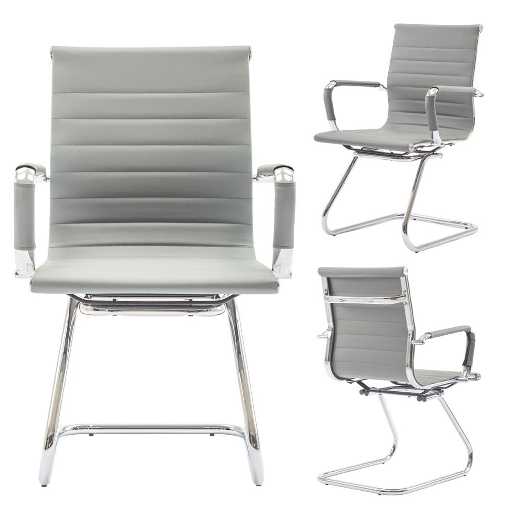 Premium Heavy Duty Office Chair - Ergonomic Leather Conference & Guest Chair with Lumbar Support - Set of 2 (Grey) - Ideal for Reception Areas, Meeting Rooms & Home Offices