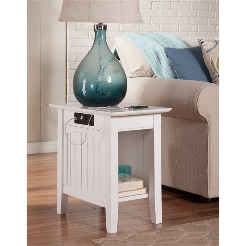 Pemberly Row Transitional White Wood Side Table with USB Charging Ports - Perfect for Living Room, Bedroom & Office Use