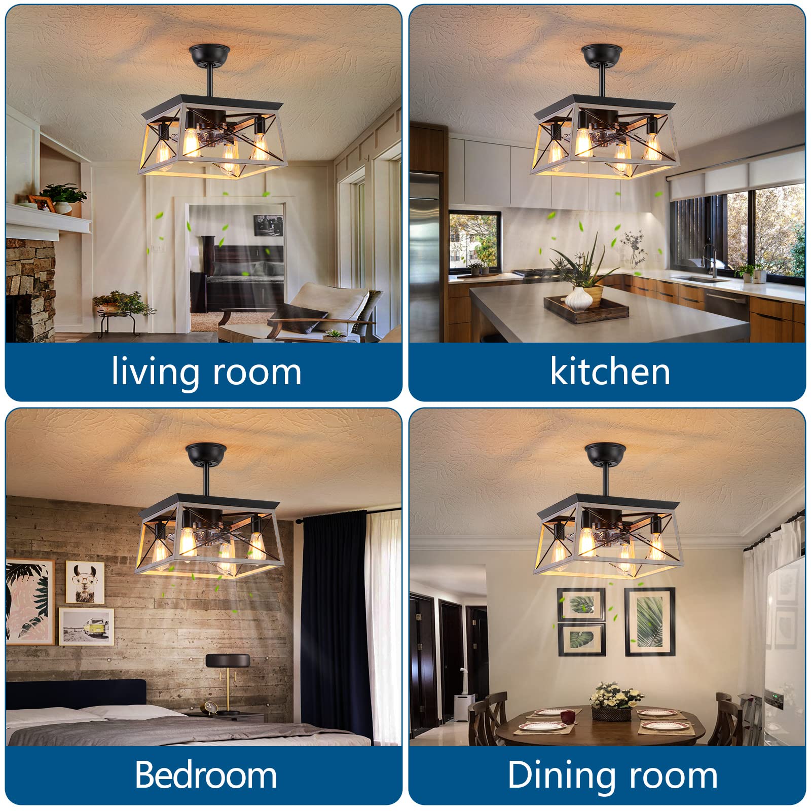 Rustic 4-Light Caged Bladeless Ceiling Fan with Remote - Farmhouse Style Indoor Fan with LED Lights for Living Room, Bedroom & Kitchen - Perfect for Home, Office and Patio Decor
