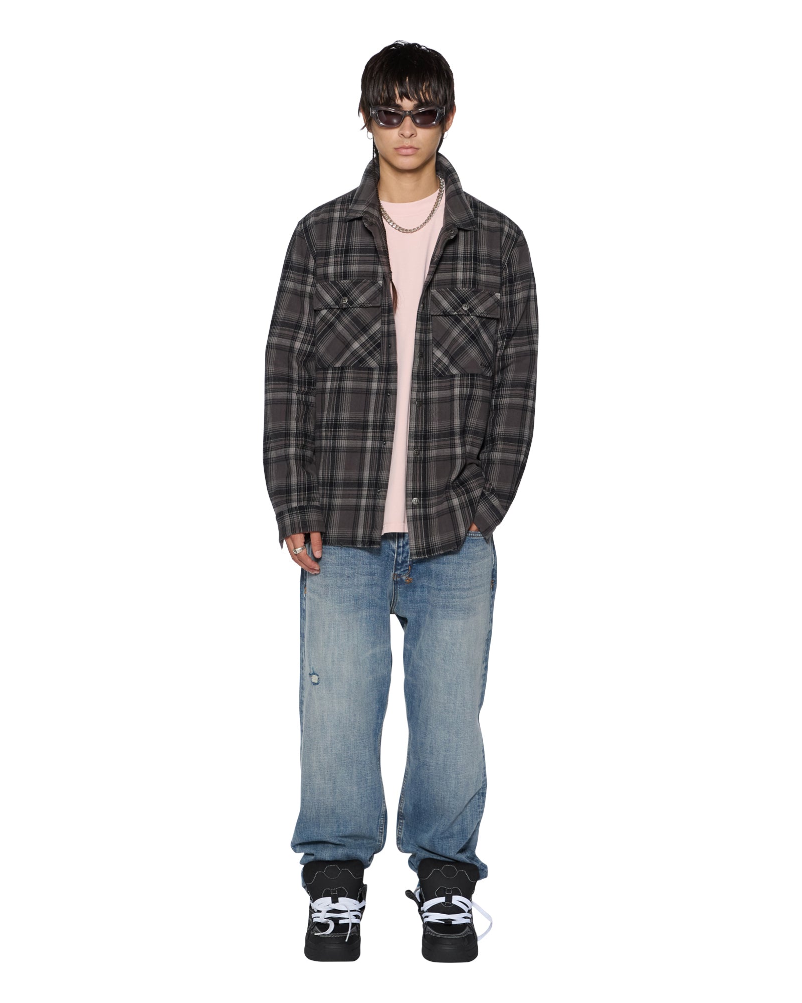 Snakebite Checkered Shirt for Men - Charcoal Gray Plaid Casual Button Up Shirt | Perfect for Outdoor Adventures, Camping & Streetwear Fashion