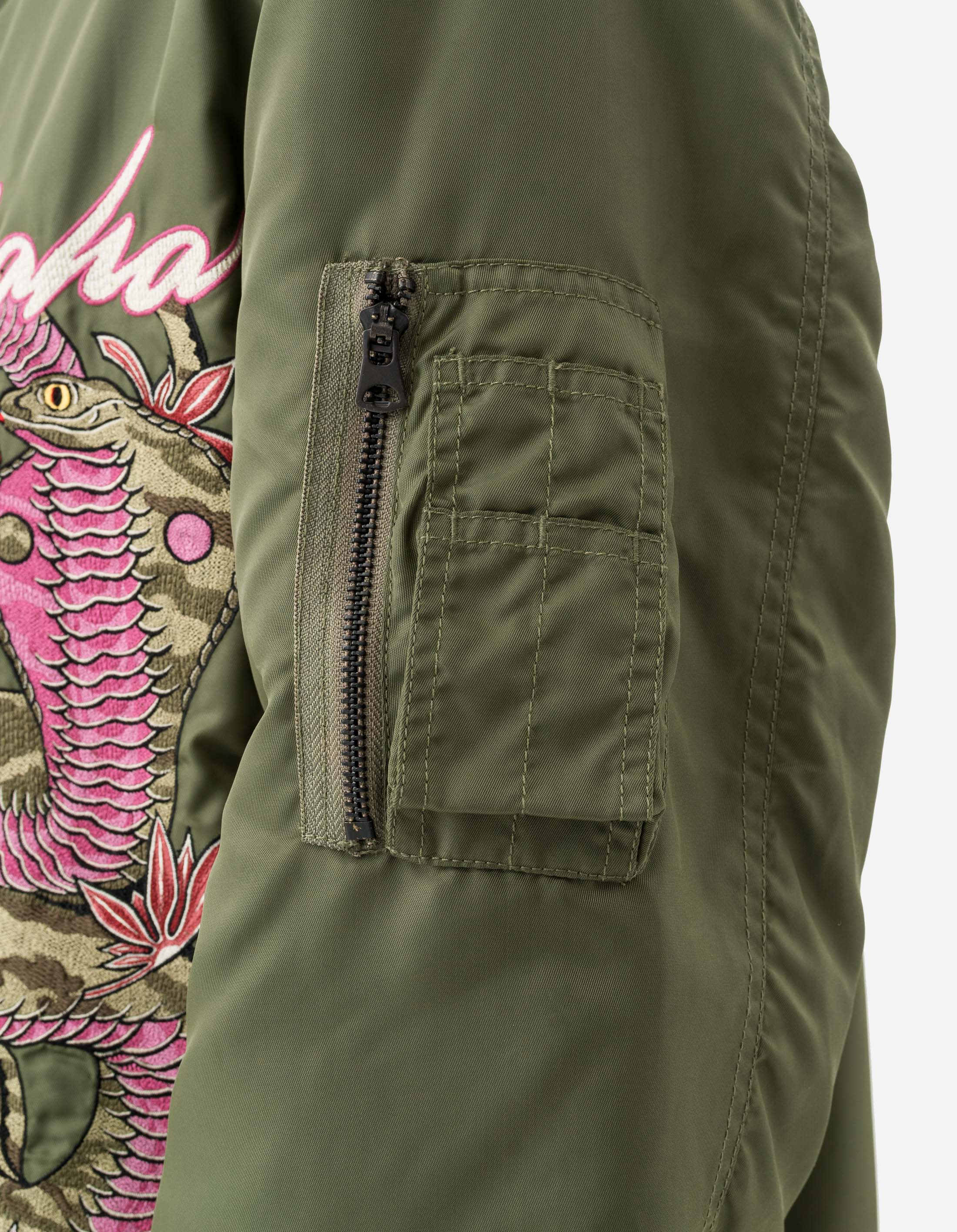 6006 Year of the Snake MA1 Flight Jacket - Vintage Olive OG-107F Military Style Bomber Jacket for Men | Perfect for Streetwear, Casual Outfits & Retro Fashion