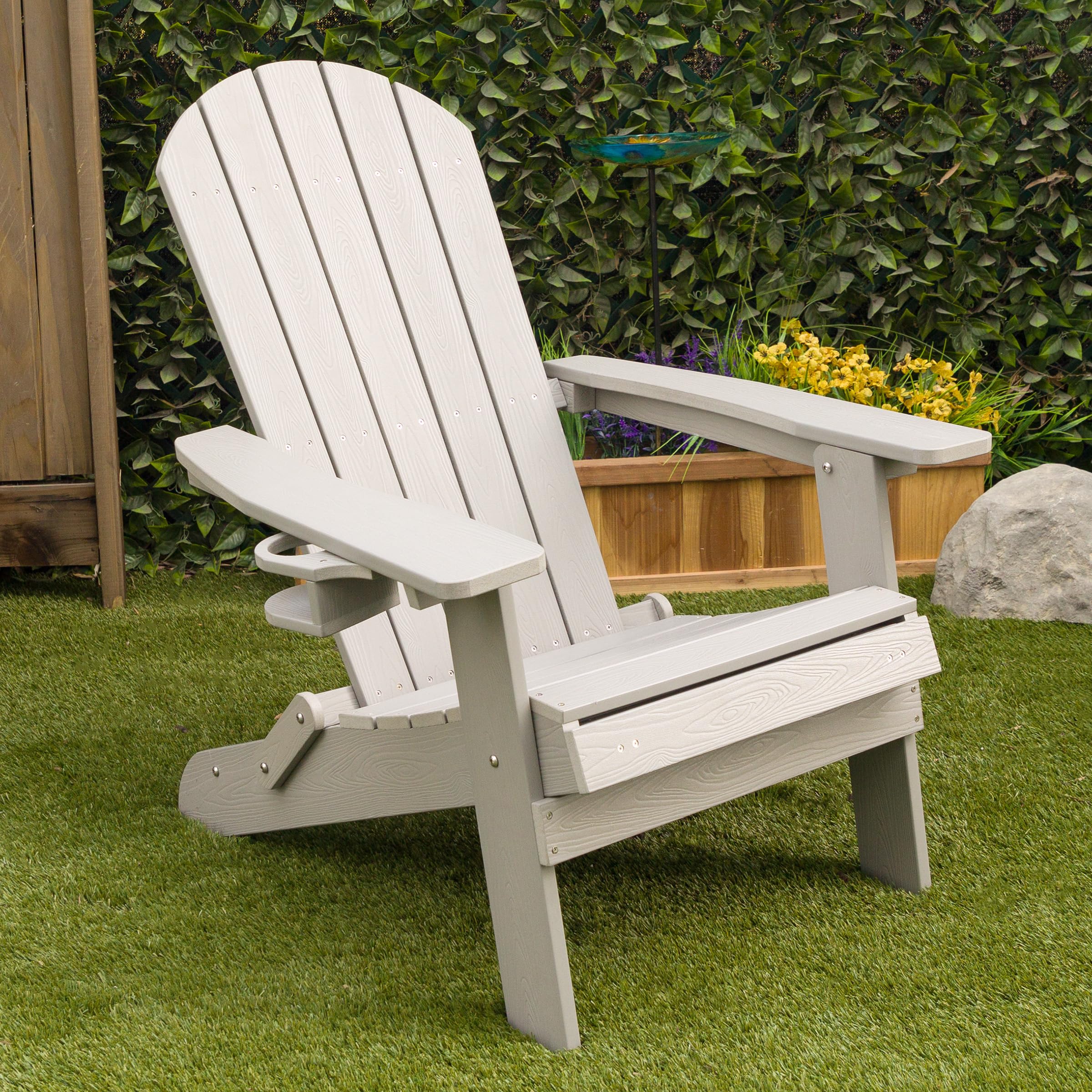 Alpine Corporation MFW104LGR Folding Adirondack Chair with Cup Holder & Ottoman - Outdoor Patio Furniture for Garden, Deck, Poolside & Backyard Relaxation - 38 Inch Height, Gray
