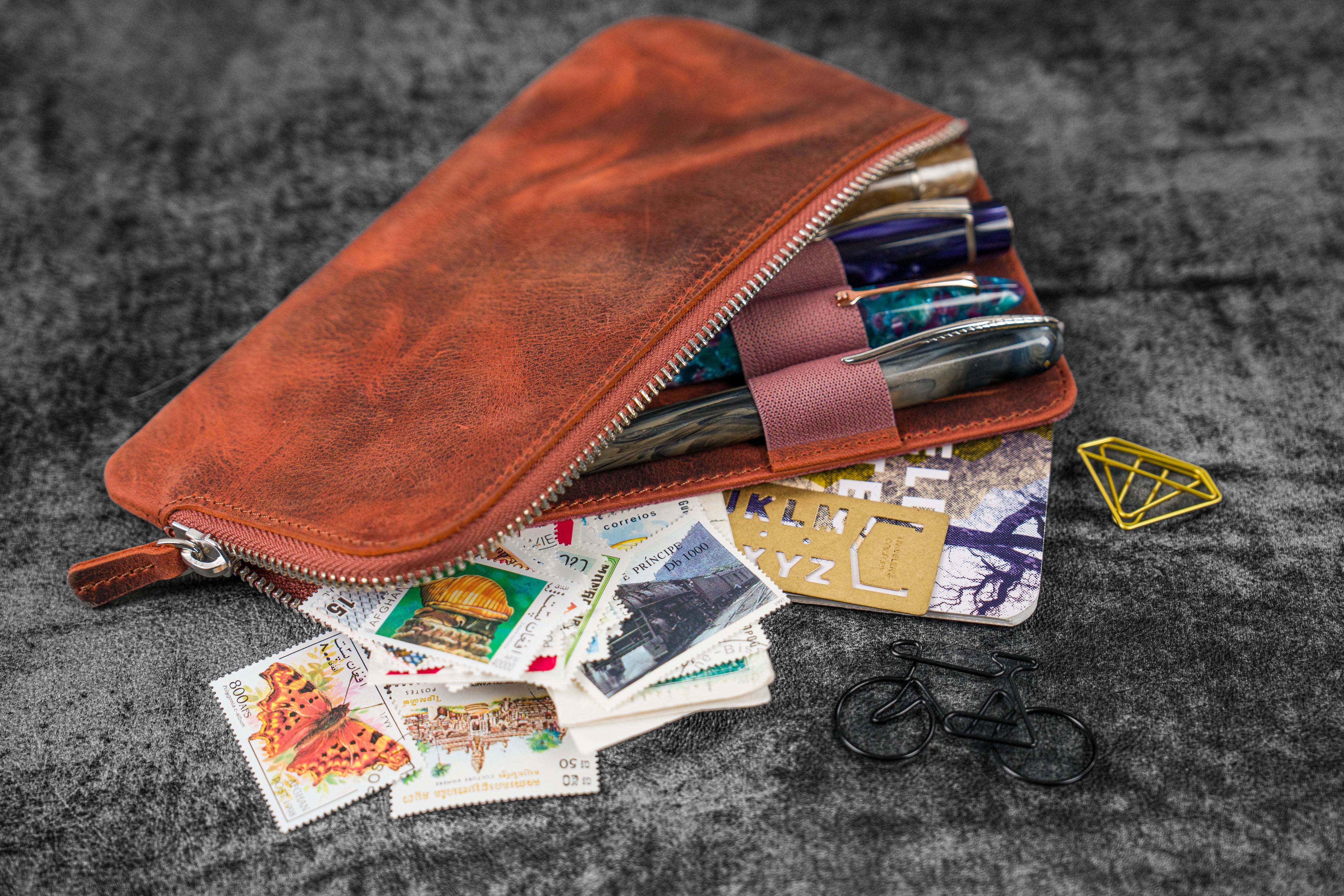 Premium Leather Pen Pouch with 4 Slots & Secure Zipper - C.H. Orange - Perfect for Office, School, Travel & Organizing Writing Essentials