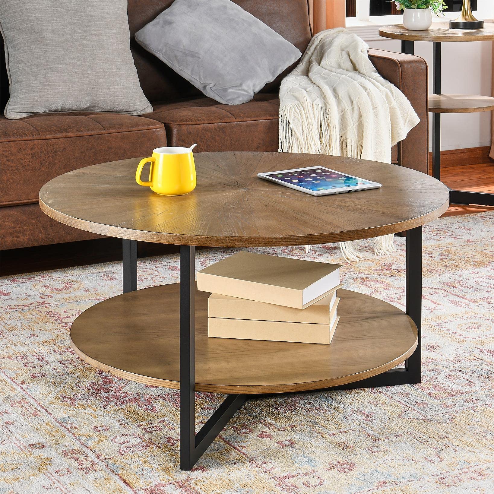 Round Coffee Table for Living Room - 2 Tier Solid Wood Coffee Table with Storage Shelf & Black Metal Legs, 33.5