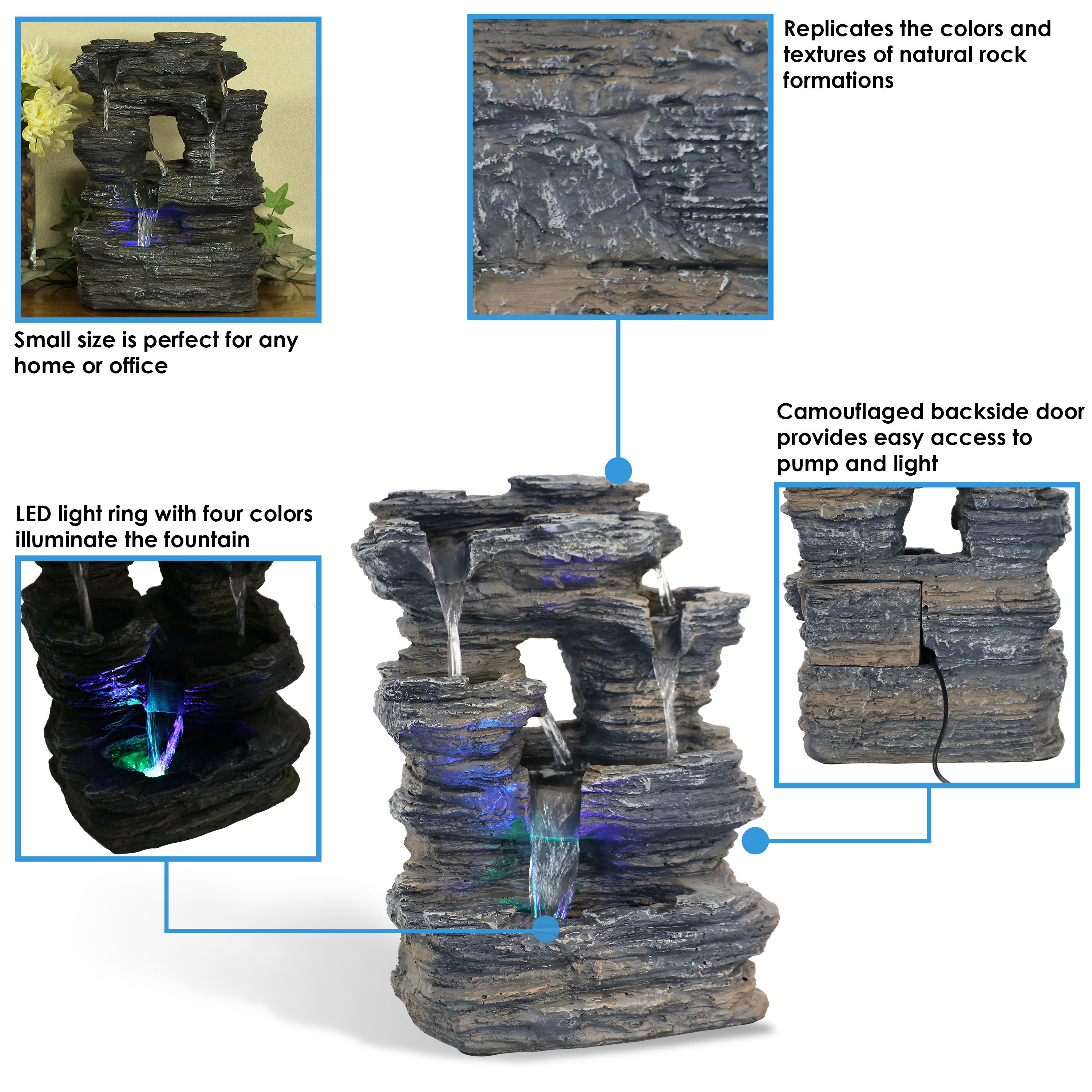 Sunnydaze 5-Stream Rock Cavern Indoor Tabletop Fountain with LED Lights - Relaxing Zen Water Feature for Home, Office & Meditation Spaces