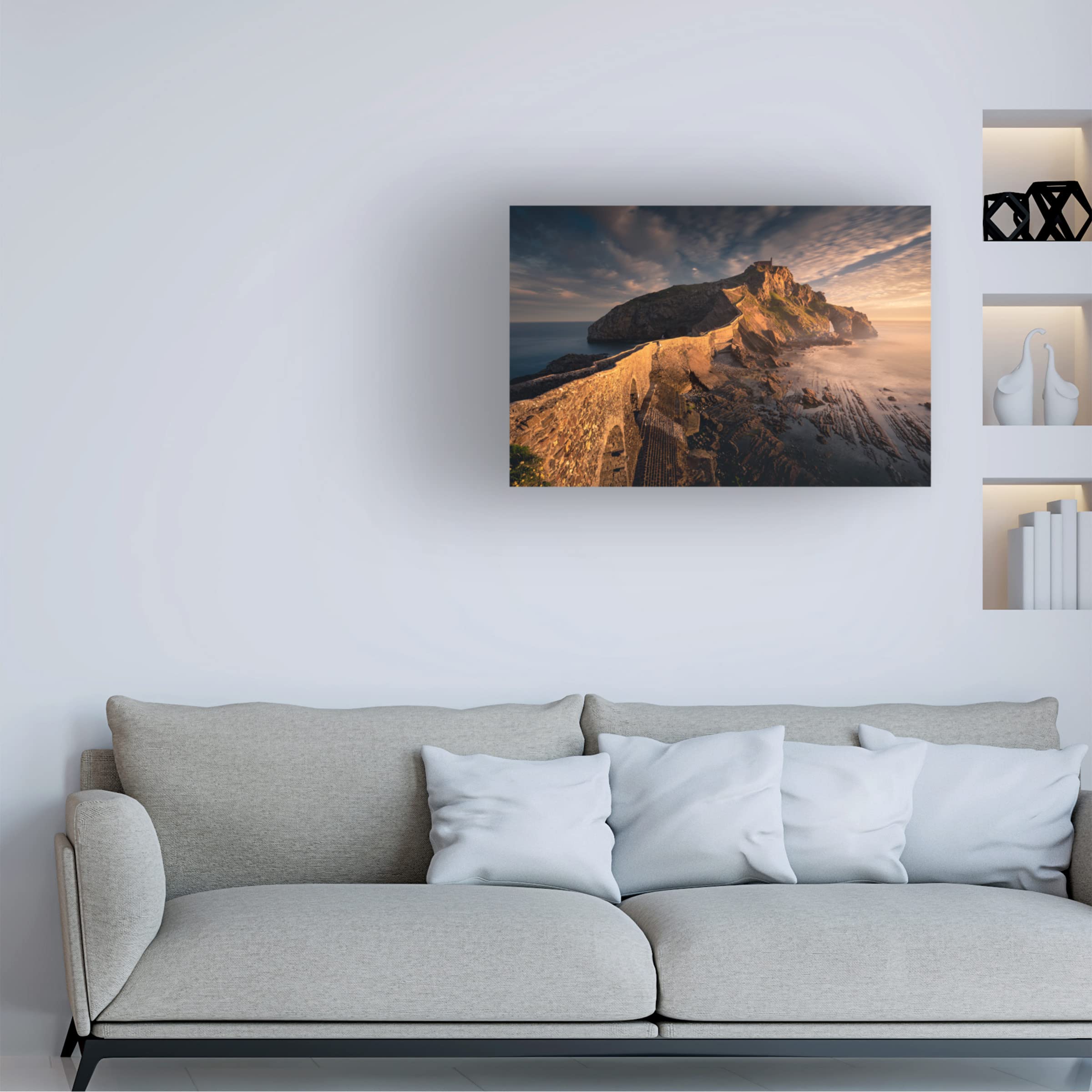 Trademark Fine Art 'Gaztelugatxe' Canvas Wall Art Print by Karol Nienartowicz - Stunning Landscape Painting for Living Room, Bedroom & Office Decor