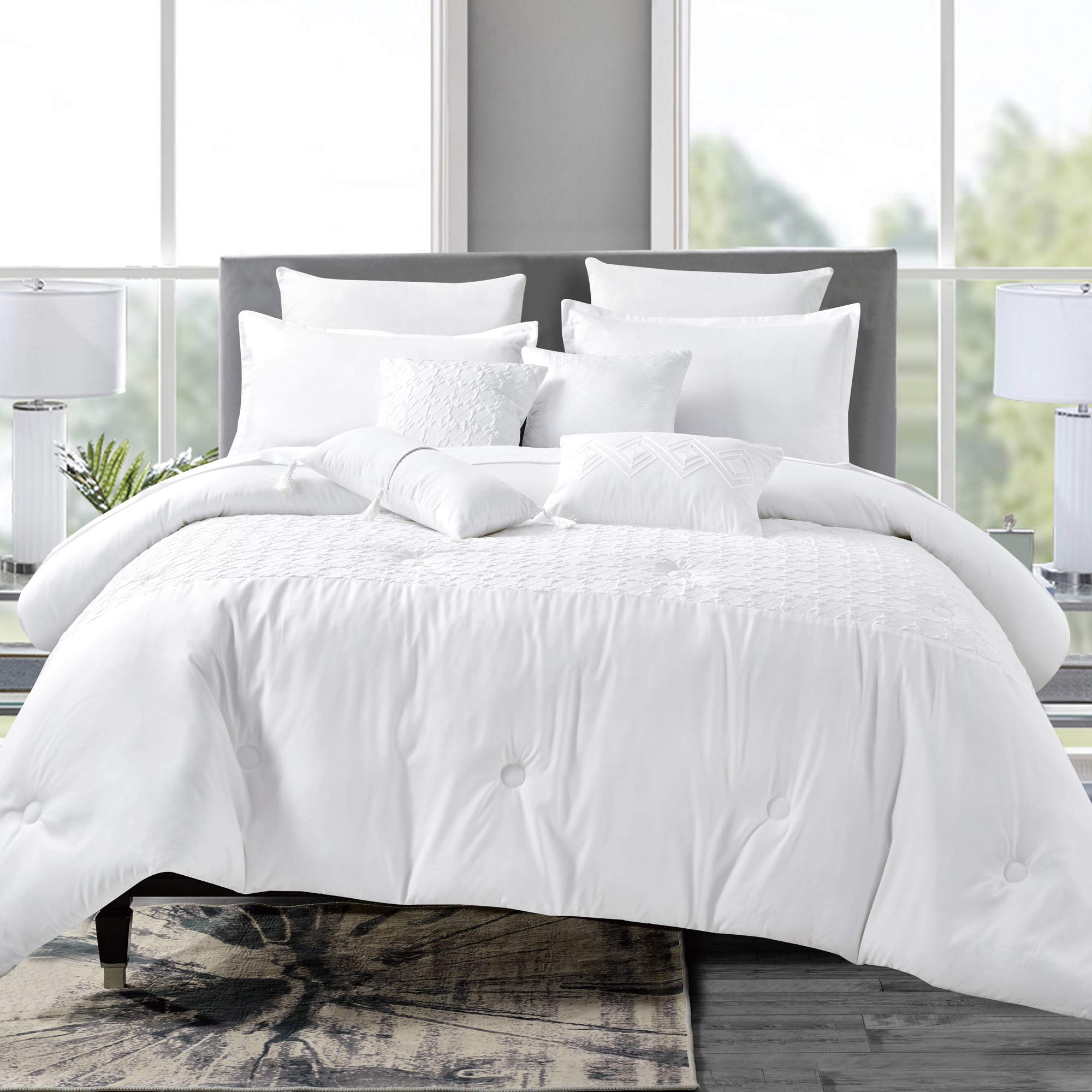 Luxury 7-Piece Full/Queen Comforter Set with Shams & Cushions - Modern Cotton White Diamond-Pattern Bedding - Elegant Bed in a Bag (22030, Queen, White) - Perfect for Master Bedrooms, Guest Rooms & Luxury Hotel Decor