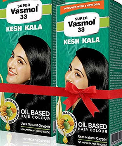Super Vasmol 33 Kesh Kala Natural Black Hair Dye with Ayurvedic Herbs & Almond Protein - 2 Pack (100ml x 2) - Long Lasting Color for Gray Coverage & Hair Care - Perfect for Home Use & Professional Salon Treatments
