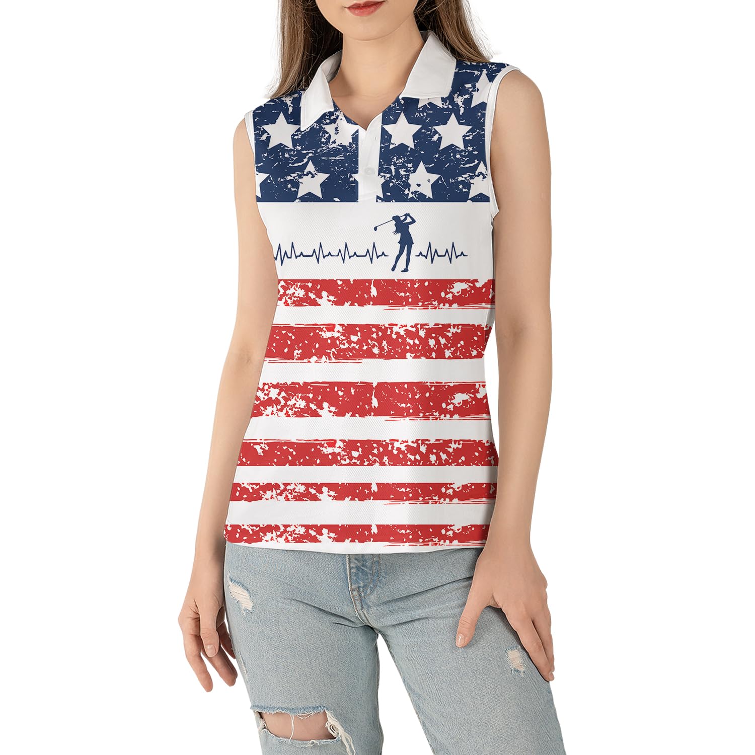 Women's Sleeveless Golf Polo Shirts - Breathable Moisture-Wicking Athletic Top for Golf & Summer Sports | Swing Swear Drink Repeat Design | Perfect for 4th of July, Casual Wear & Outdoor Activities