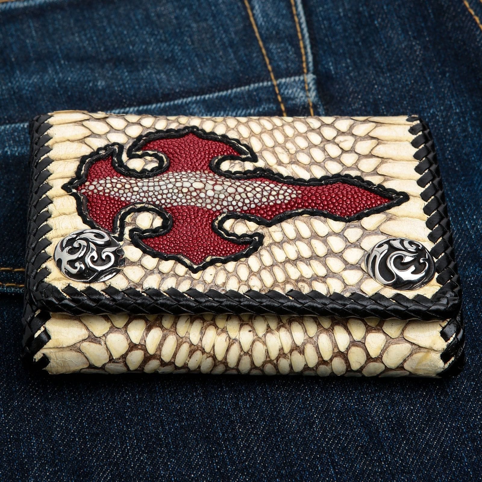 Genuine Cross Stingray Cobra Skin Leather Biker Wallet for Men - Stylish Slim RFID Blocking Bi-Fold Wallet - Perfect for Motorcycle Riders, Travel & Everyday Use