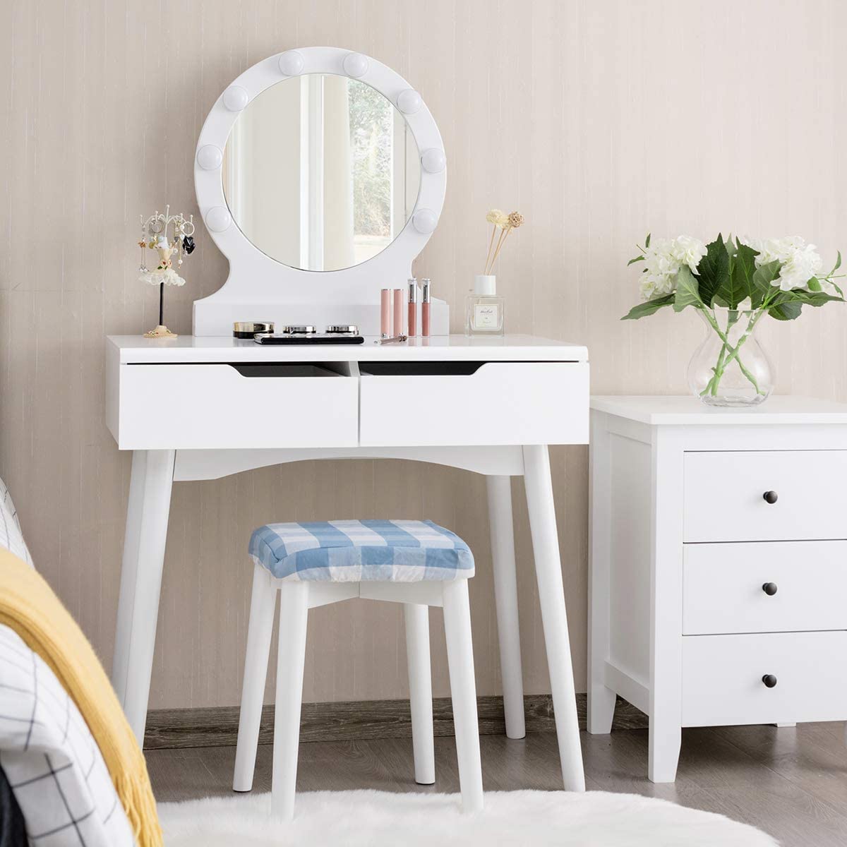 Giantex White Vanity Set with Round Lighted Mirror - Adjustable Brightness Makeup Dressing Table with 8 LED Bulbs, Cushioned Stool & 2 Sliding Drawers | Perfect for Bedroom, Dorm Room & Bridal Makeup Station