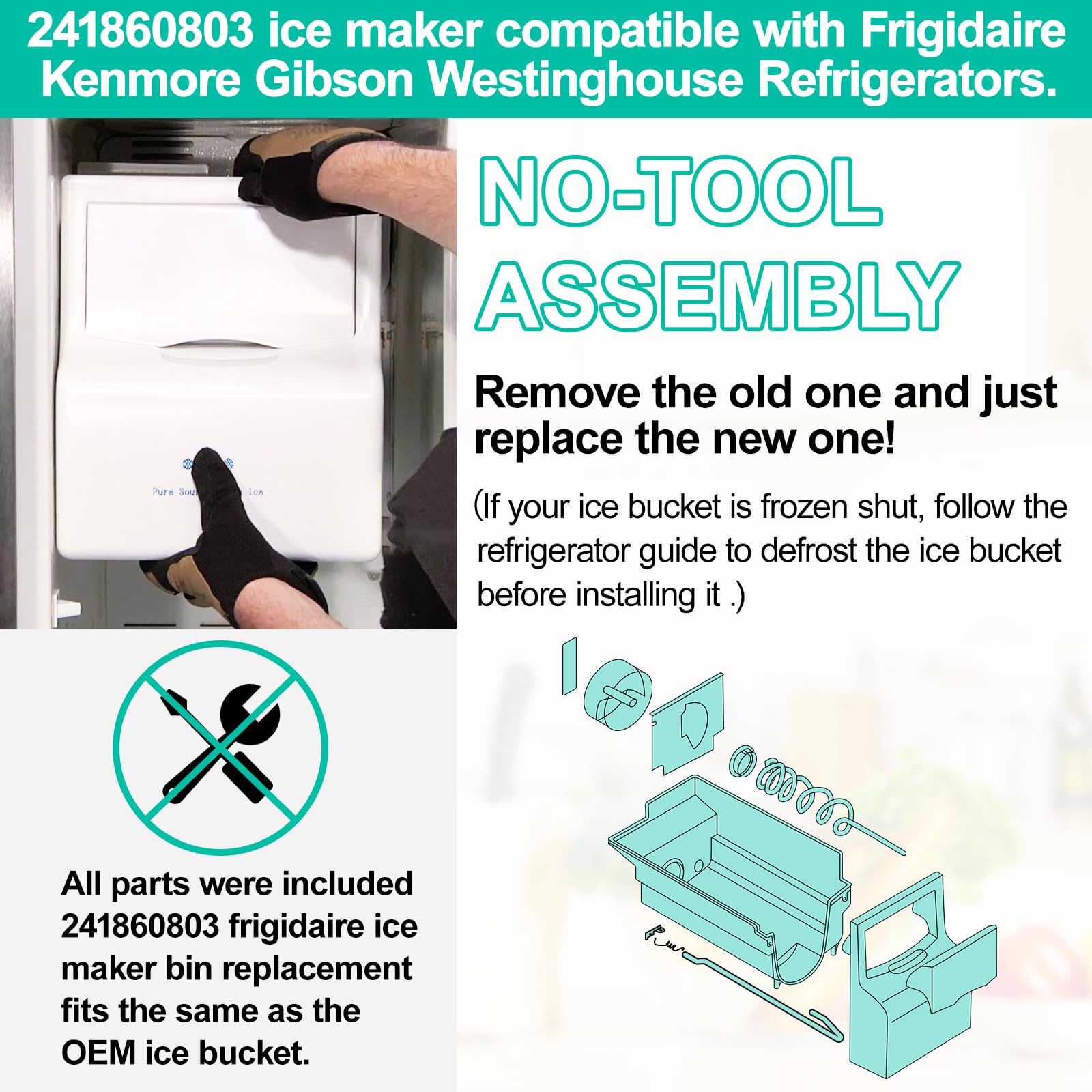 Upgraded Refrigerator Ice Bucket Assembly Replacement for Frigidaire LFSS2612TF0/LFSS2612TE0/FFSS2615TS0/FFHS2611PFEA - Compatible with AP4300918 Ice Maker Parts - Perfect for Kitchen Refrigerator Ice Storage & Dispensing