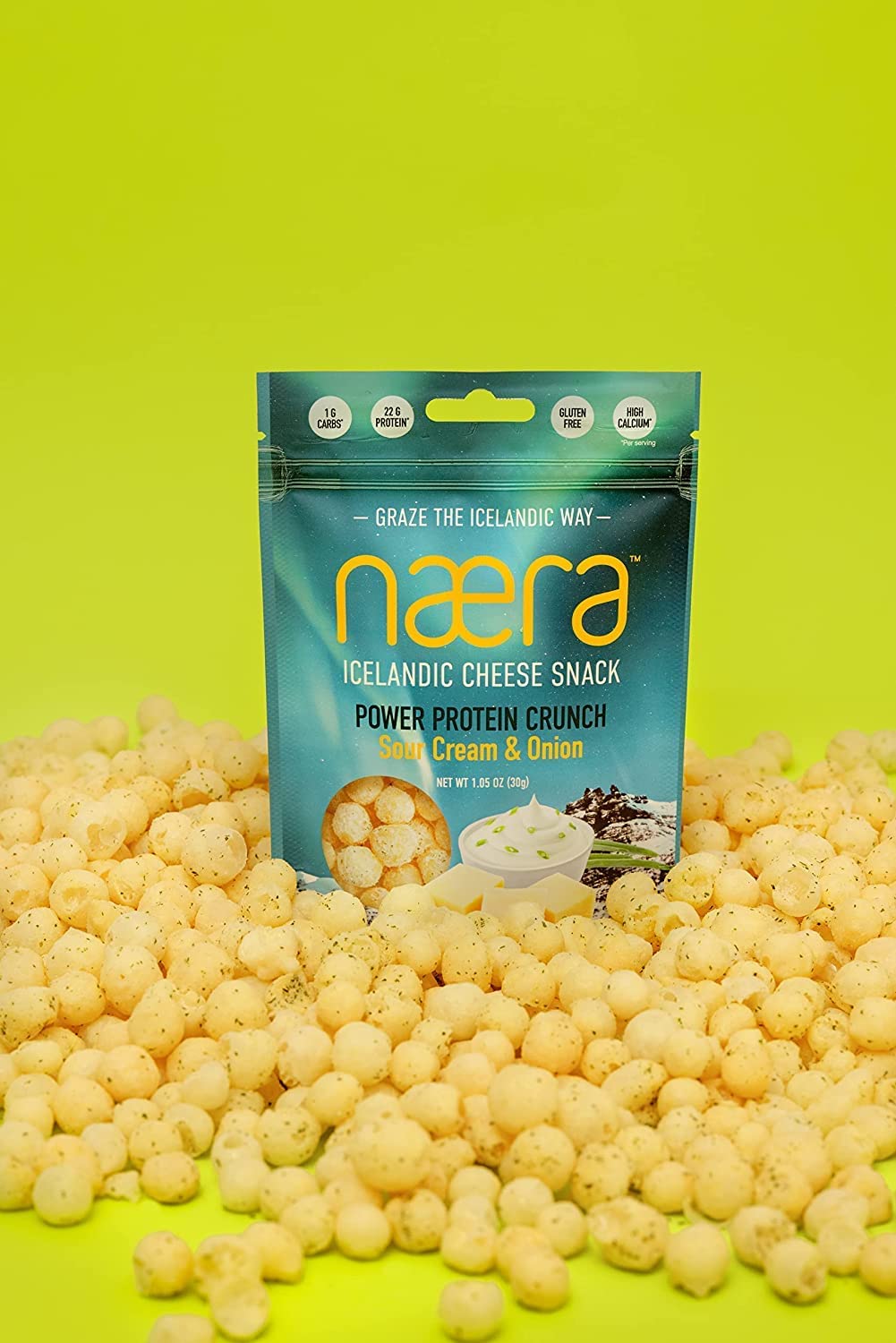 Næra Icelandic - 2-Pack Sour Cream & Onion 100% Cheese Protein Snacks | High Protein, Natural Crunchy Snacks for Adults & Kids (1.05 oz each) | Perfect for On-the-Go, School Lunches & Healthy Snacking