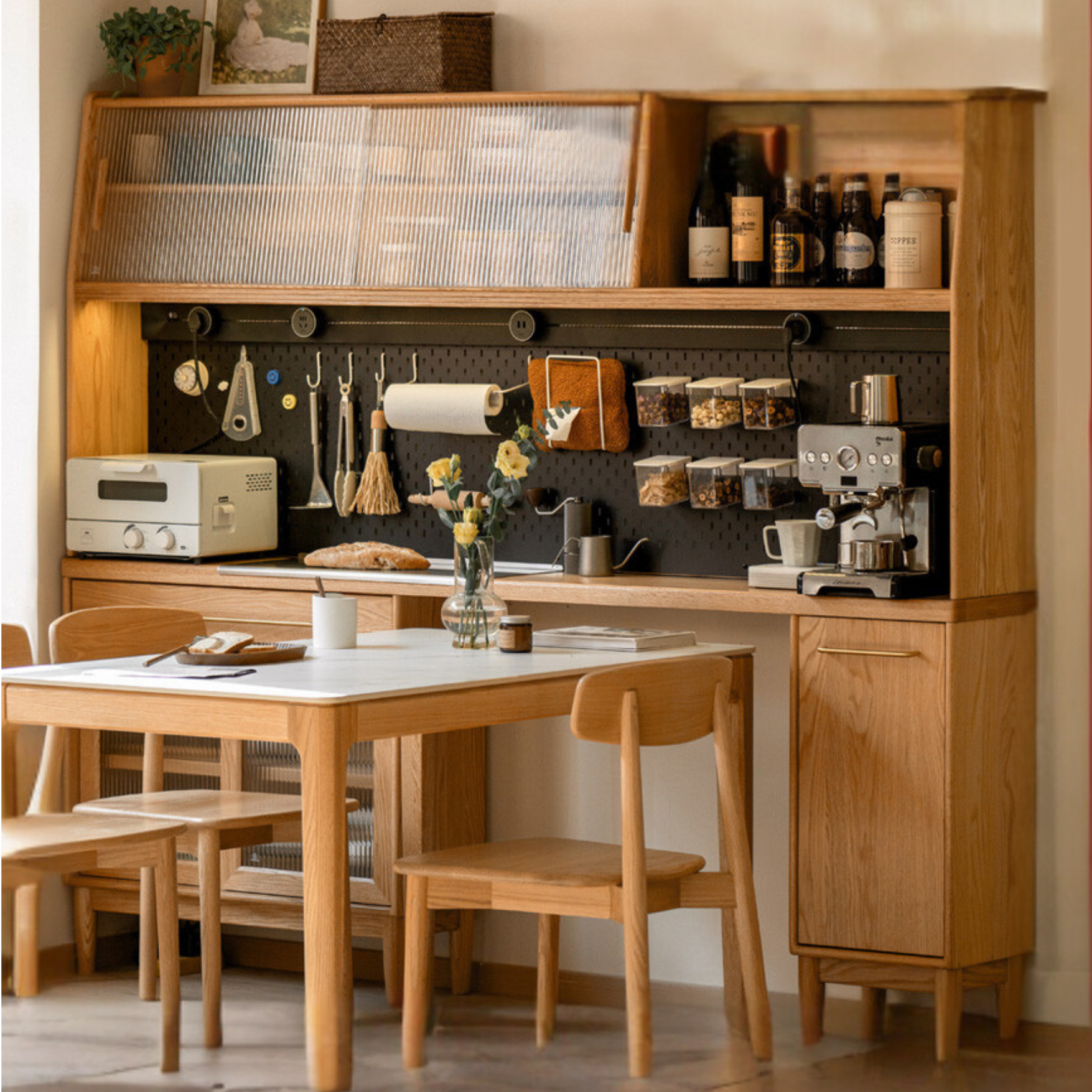 Solid Oak Wood Ultra-Thin Multi-Function Sideboard Buffet Cabinet - Perfect for Dining Room Storage, Kitchen Organization & Living Room Decor