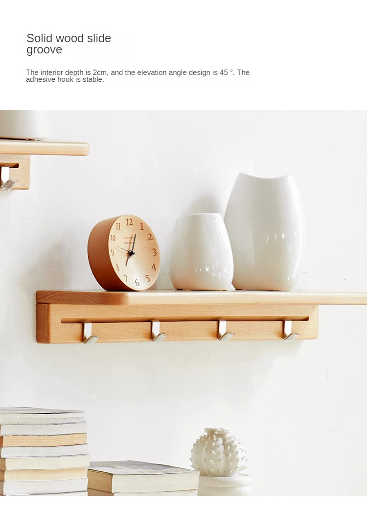 Solid Beech Wood Wall Shelf with Hooks - Rustic Floating Shelf for Kitchen, Bathroom, or Living Room Storage & Decor