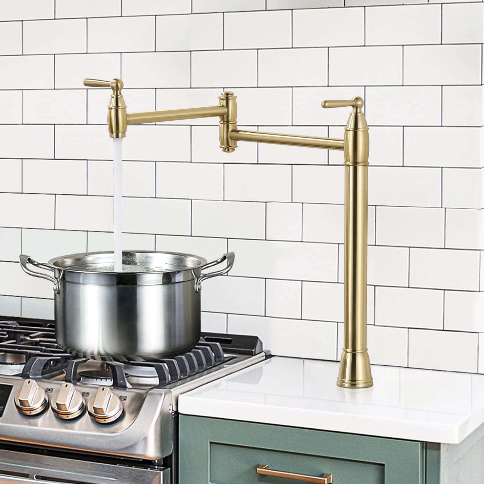 ARCORA Brushed Gold Pot Filler Faucet - Solid Brass Deck Mount Stove Faucet with Stretchable Double Joint Swing Arms | Perfect for Kitchen, Outdoor BBQ & RV Cooking