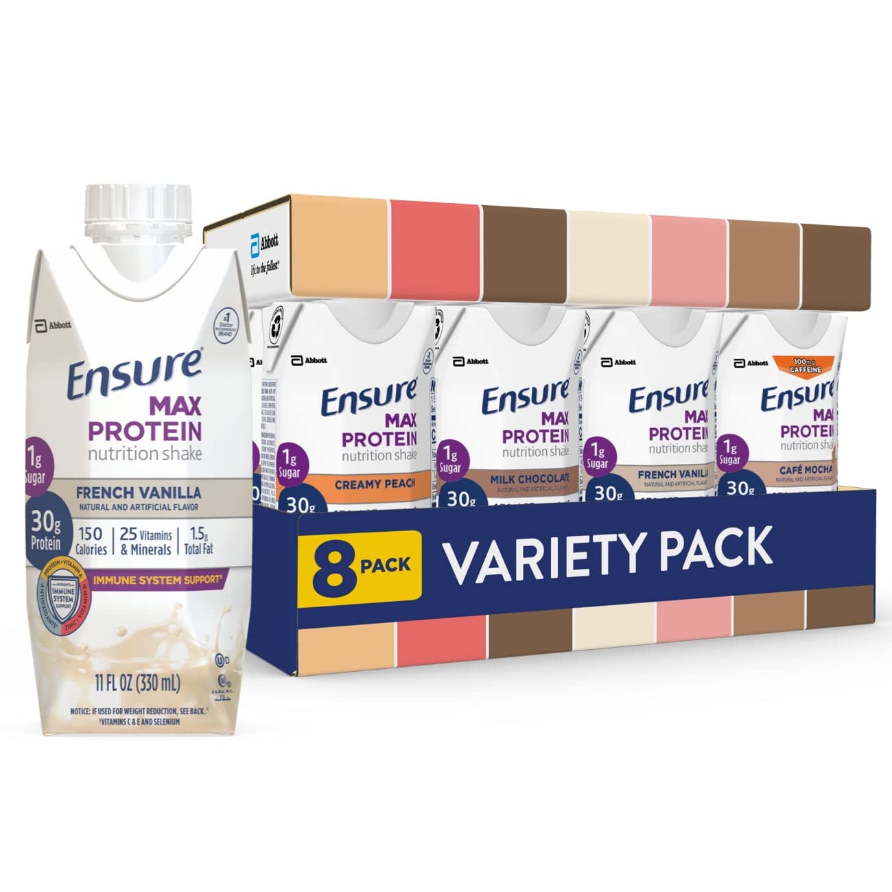 Ensure Max Protein Nutrition Shakes - Variety Pack with 30g Protein, 1g Sugar | Immune Support, High Protein Drink | 11 fl oz (Pack of 8) | Ideal for Post-Workout Recovery, Meal Replacement & On-the-Go Nutrition