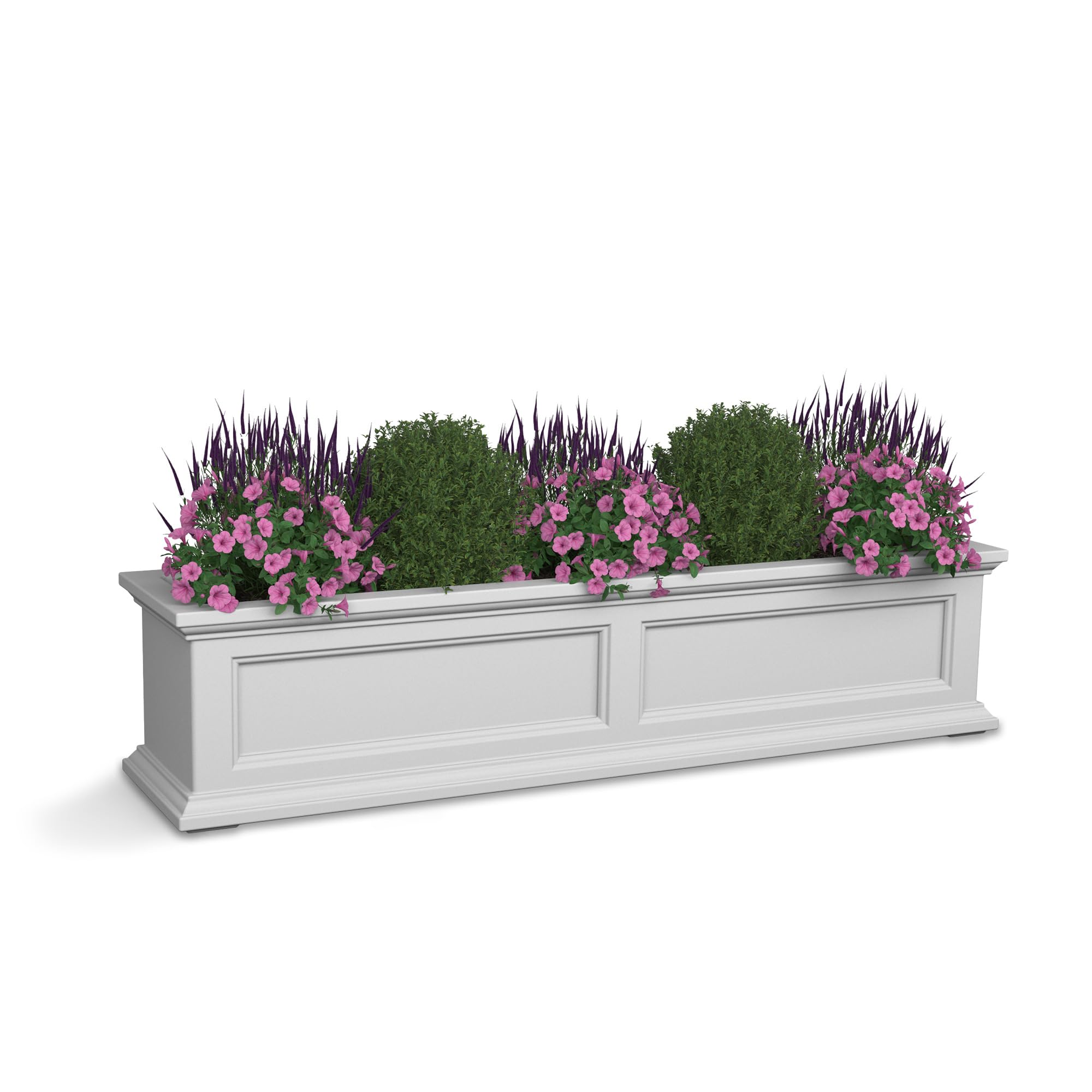 Mayne Fairfield 4ft White Window Box Planter - Durable Self-Watering Resin Flower Box with Wall Mount Brackets - Outdoor Garden Decor for Windows, Balconies & Patios (5823-W)
