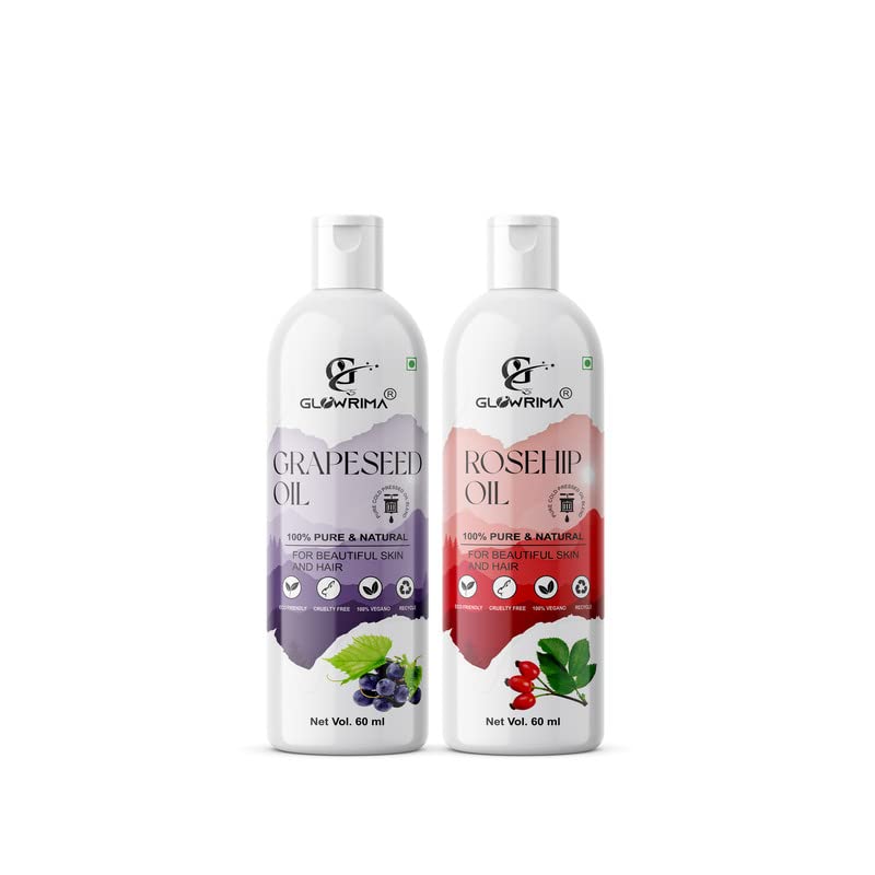 Glowrima 100% Pure Grapeseed Oil & Rosehip Oil Combo (60ML Each) - Natural Hair Growth Treatment for Anti Hair Fall, Split Ends Repair & Shiny Hair - Perfect for Daily Hair Care & Scalp Massage (Pack of 2)