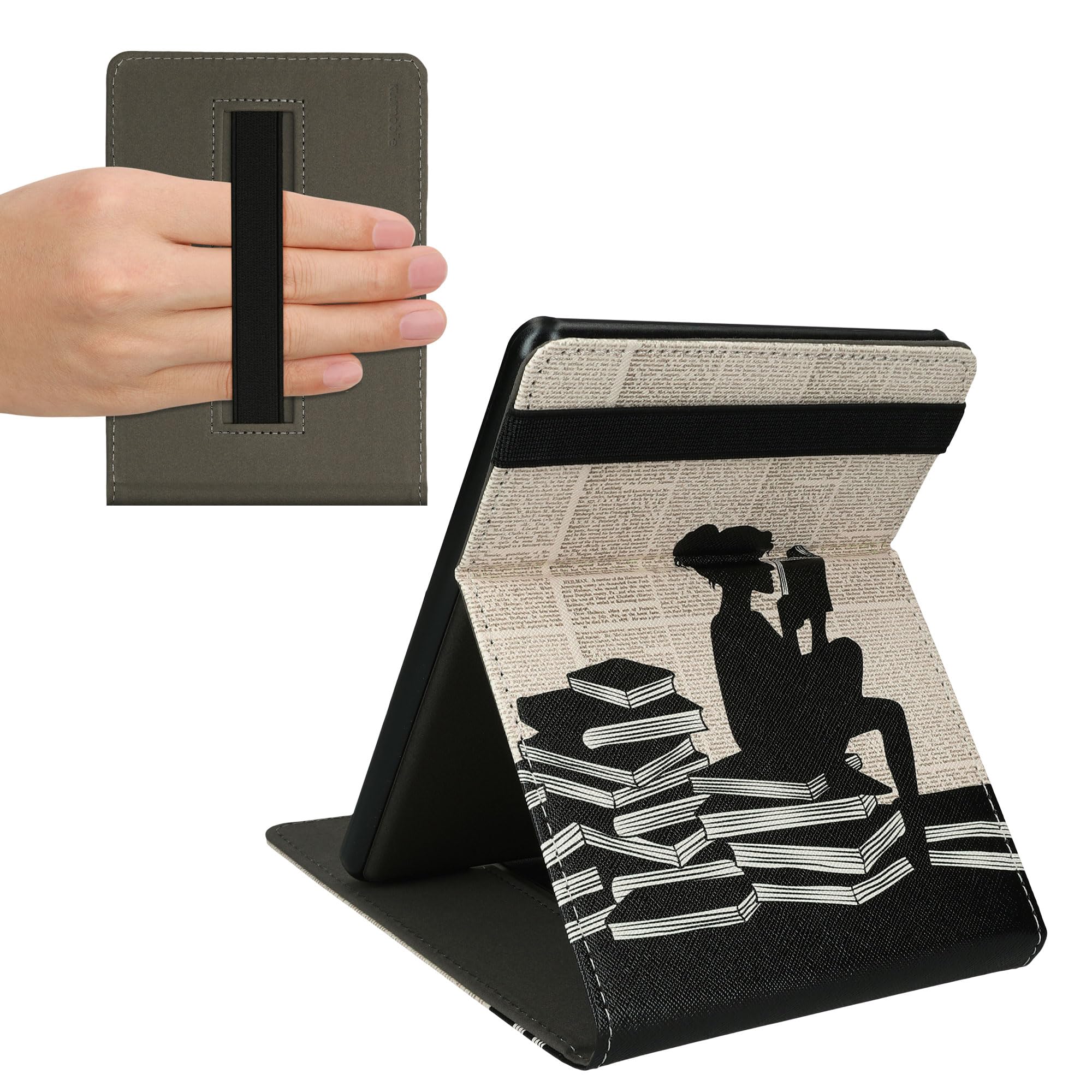 kwmobile Protective Case for Amazon Kindle Paperwhite 11th Generation (2021) - Stand & Hand Strap - Girls Reading Books Design in Black/Beige - Perfect for Reading, Travel & Daily Use