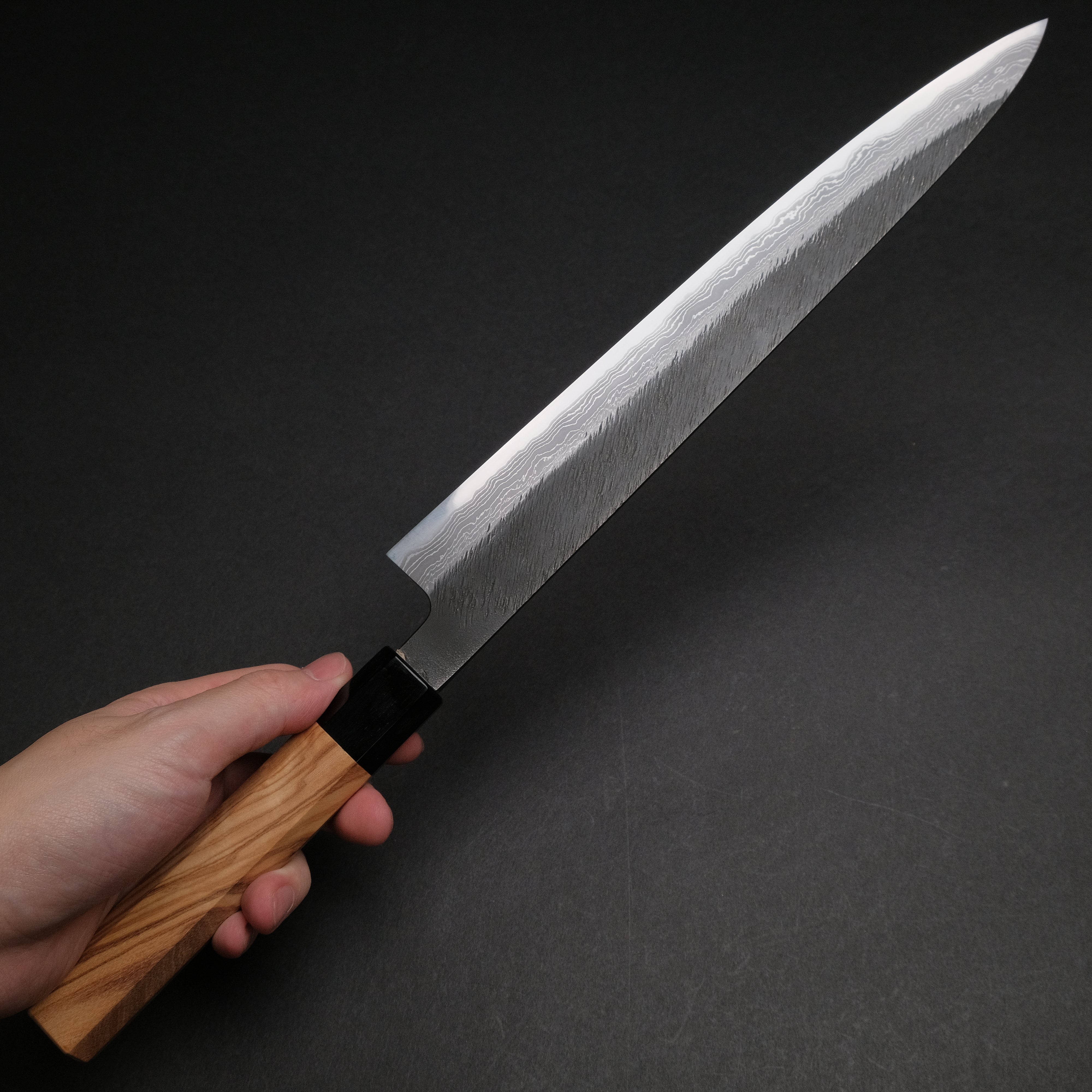 Premium Ajikataya White #2 Matsuba Damascus Sujihiki 270mm Japanese Chef Knife - Olive Wood & Buffalo Horn Handle - Perfect for Slicing Sashimi, Meat, and Precision Kitchen Tasks