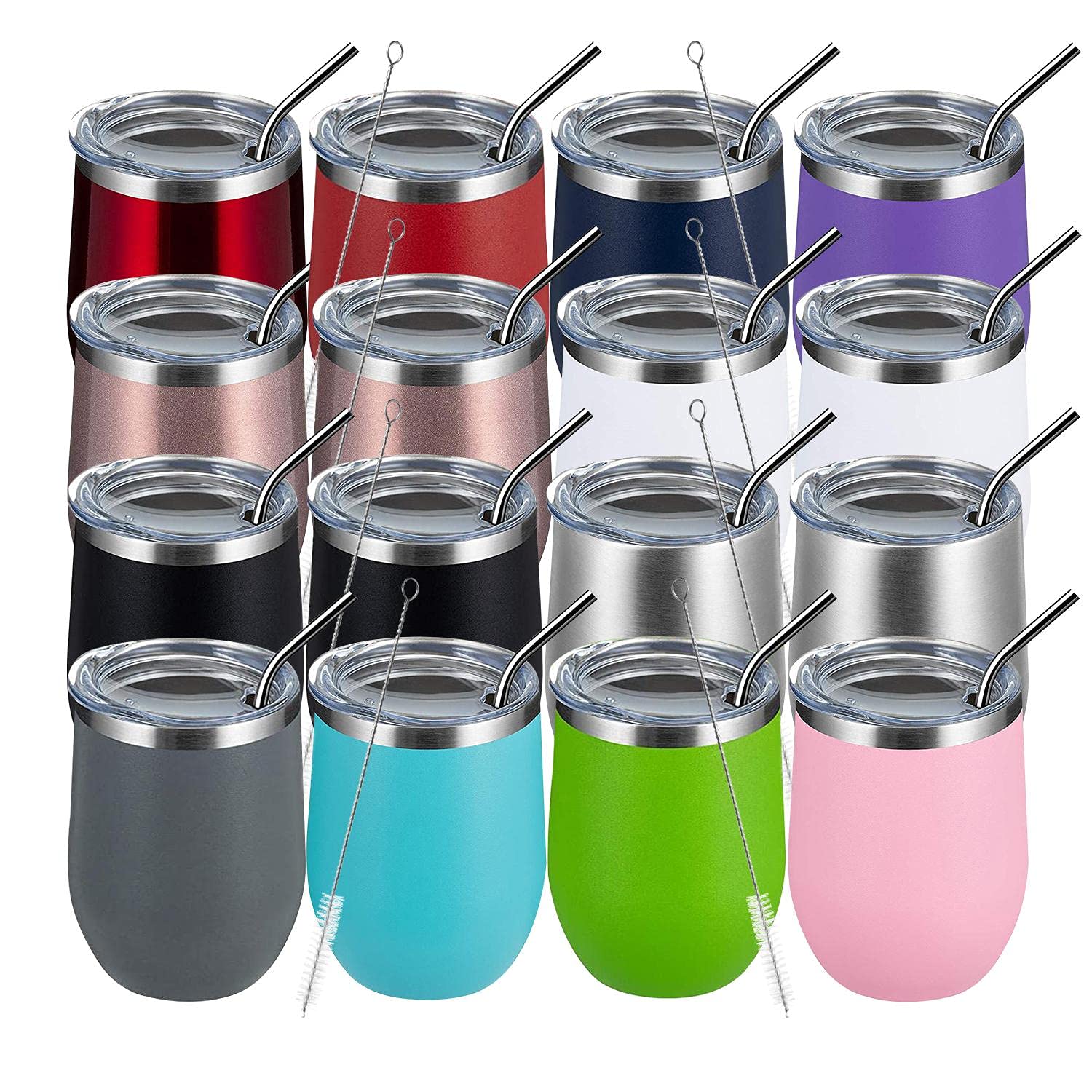 MEWAY 12oz Stainless Steel Wine Tumbler Set of 16 - Vacuum Insulated Travel Mug with Lid for Coffee, Cocktails & Drinks | Bulk Gift for Women | Perfect for Parties, Picnics & Office Use (Mix Colors)