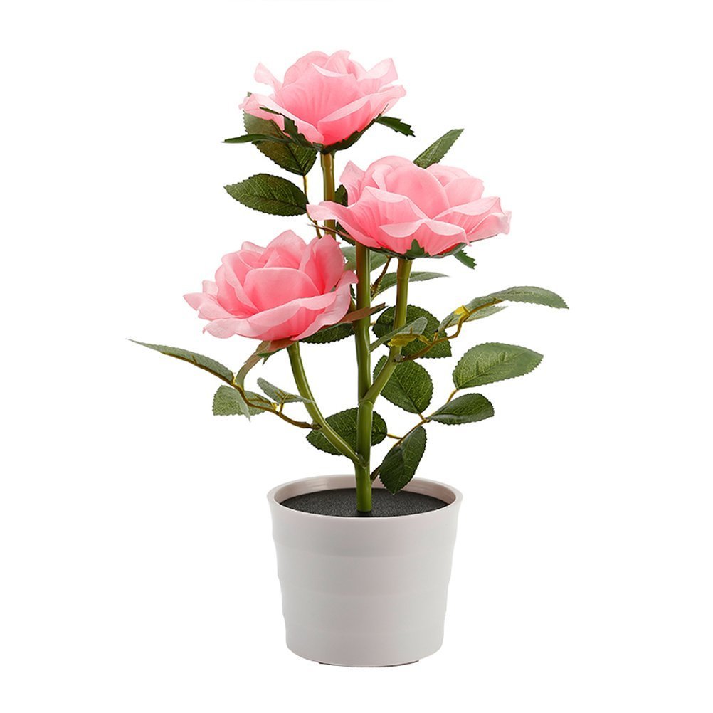 Solar LED Rose Table Lamp - 3 Flexible Lights for Room & Desk Decor (Pink) - Perfect for Bedroom & Office