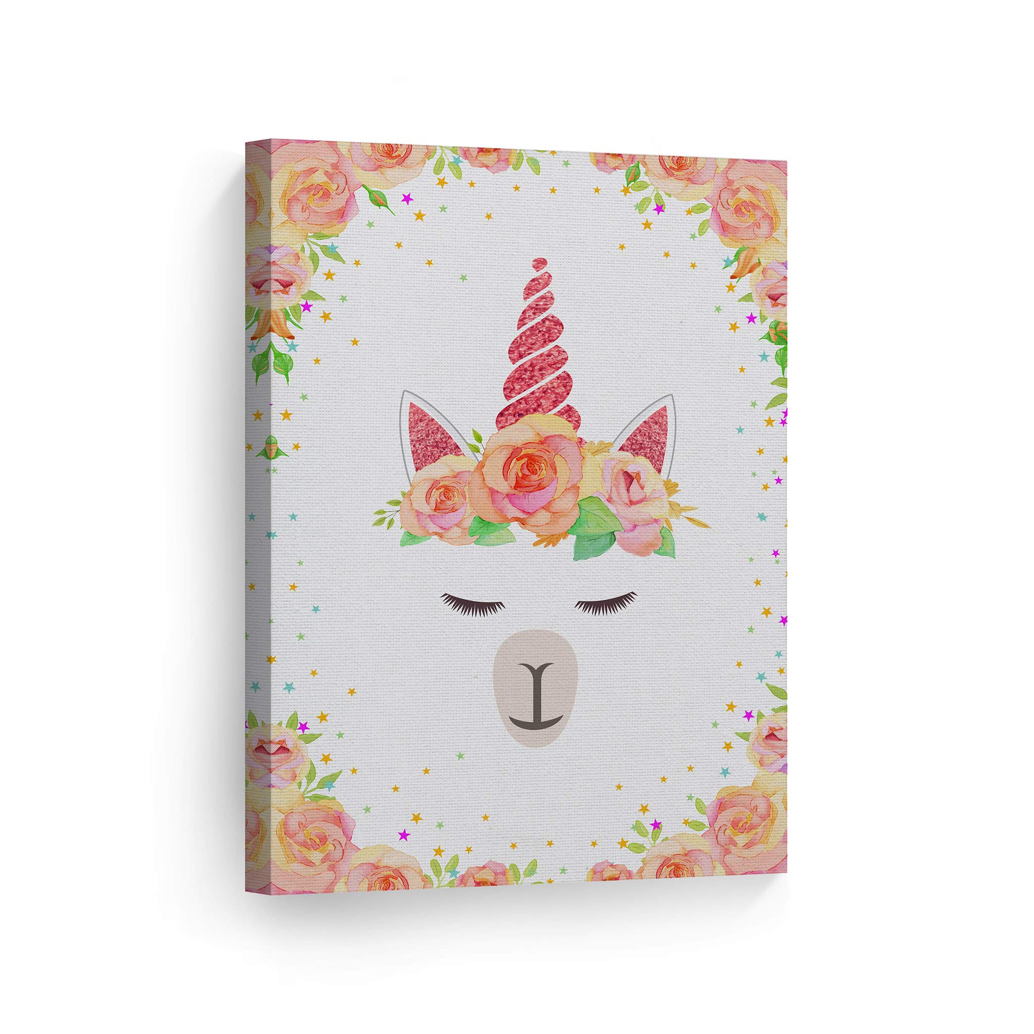 Cute Unicorn Wall Art Canvas Print - Floral Orange Background, Ready to Hang Nursery Decor, Kids Room Decor, Baby Gift, Made in USA (17x11) - Perfect for Children's Bedroom, Playroom & Birthday Presents