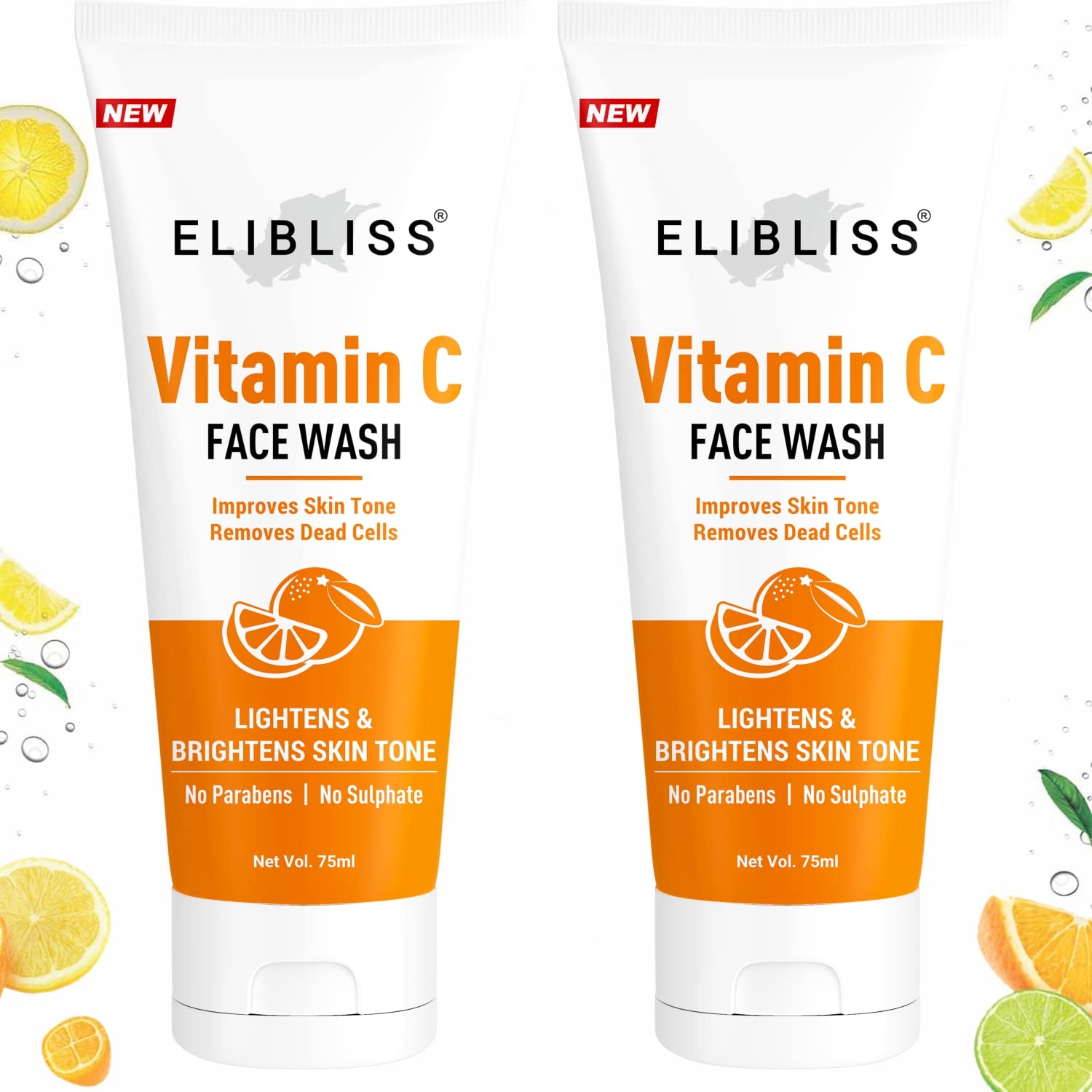 ELIBLISS Vitamin C Face Wash for Brightening & Glowing Skin - SLS & Paraben Free, Toxin-Free Cleanser (Pack of 2) | Gentle Daily Face Wash for Acne-Prone & Sensitive Skin | Perfect for Morning & Night Skincare Routine