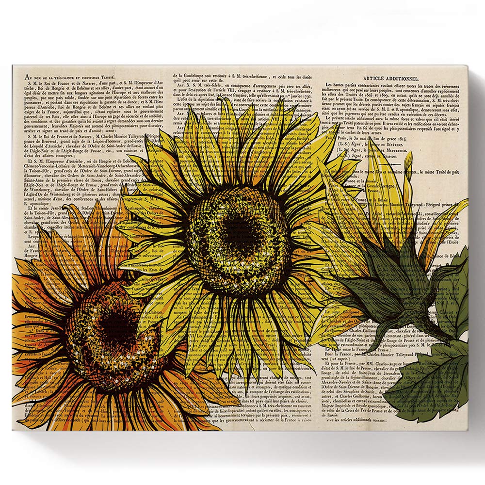 LooPoP Rustic Sunflower Paint by Number Kit for Adults & Beginners - 12x16 Inch DIY Oil Painting with Brushes & Acrylic Paints - Vintage Dictionary Lettering Art Design - Perfect for Home Decor, Wall Art & Relaxation Therapy