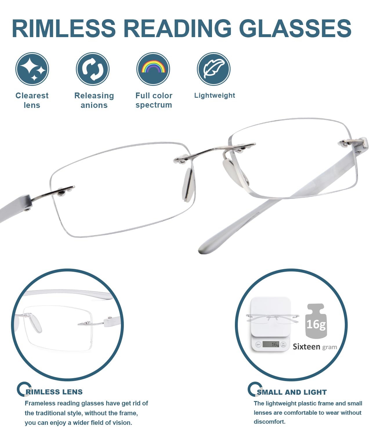 BLUELESS Rimless Reading Glasses for Men & Women - Lightweight Small Frame Readers with Spring Hinges (Silver) - Perfect for Reading Books, Using Smartphones & Working on Computers
