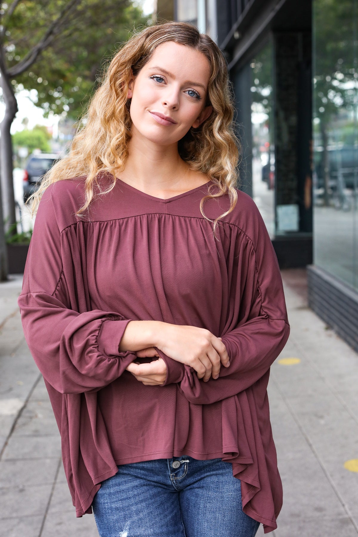 Stylish Casual Wine V-Neck Yoke Modal Knit Oversized Top for Women | Comfortable Loose Fit Tunic Blouse for Everyday Wear, Work & Outings