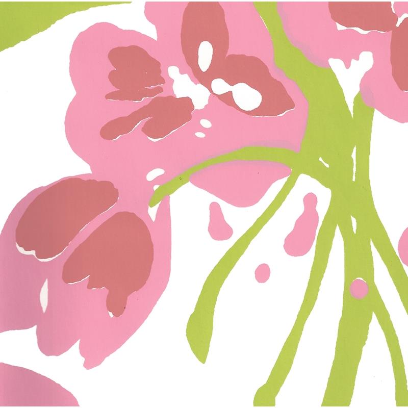 Tulip Multicolor Floral Wallpaper - Pink & Green on White Background | Quadrille Pattern for Bedroom, Living Room & Home Decor