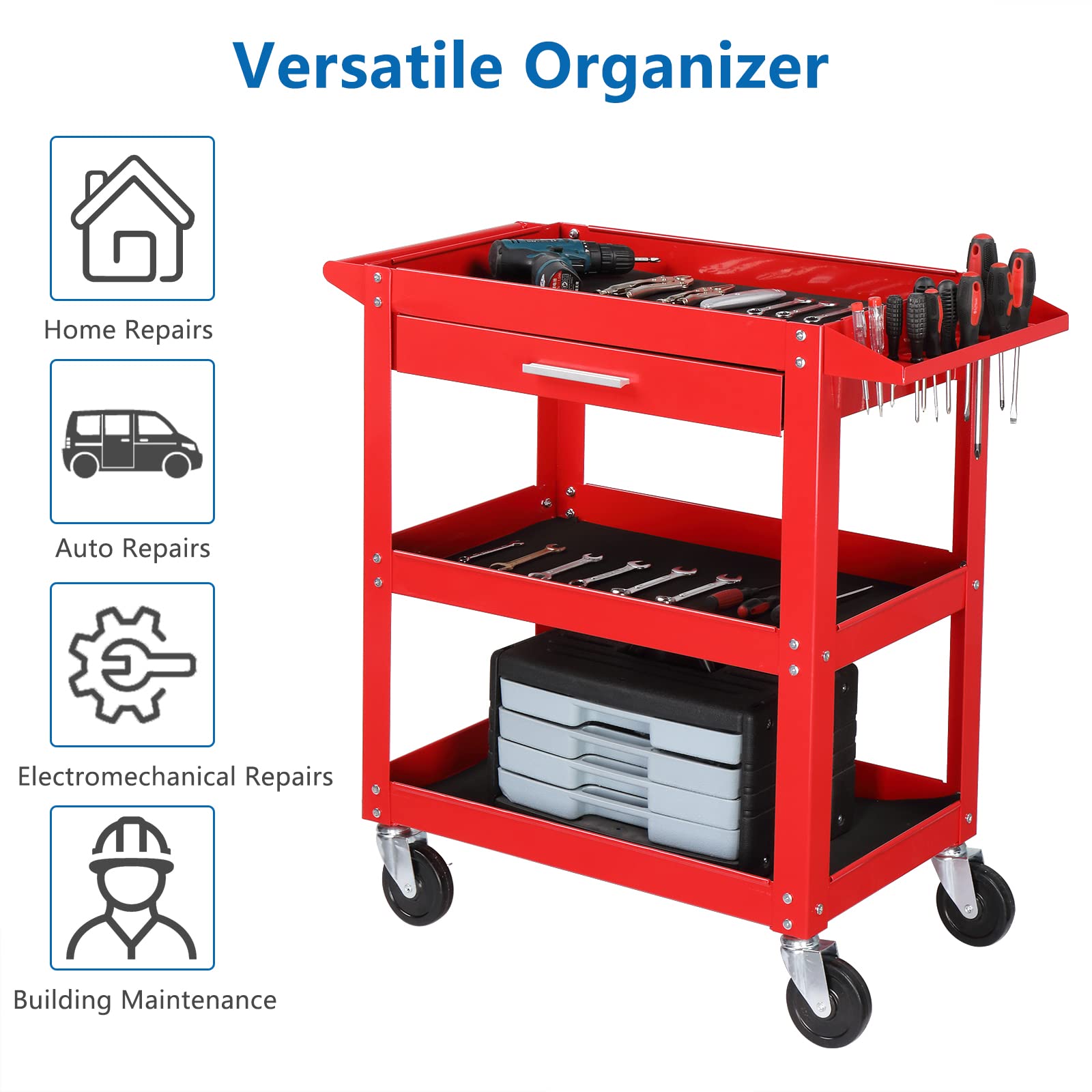 TUFFIOM 3-Tier Heavy Duty Rolling Tool Cart with Drawer & 2 Brake Wheels - 330 LBS Capacity Industrial Utility Cart for Mechanics - Perfect for Garage, Warehouse & Auto Repair Shop Organization