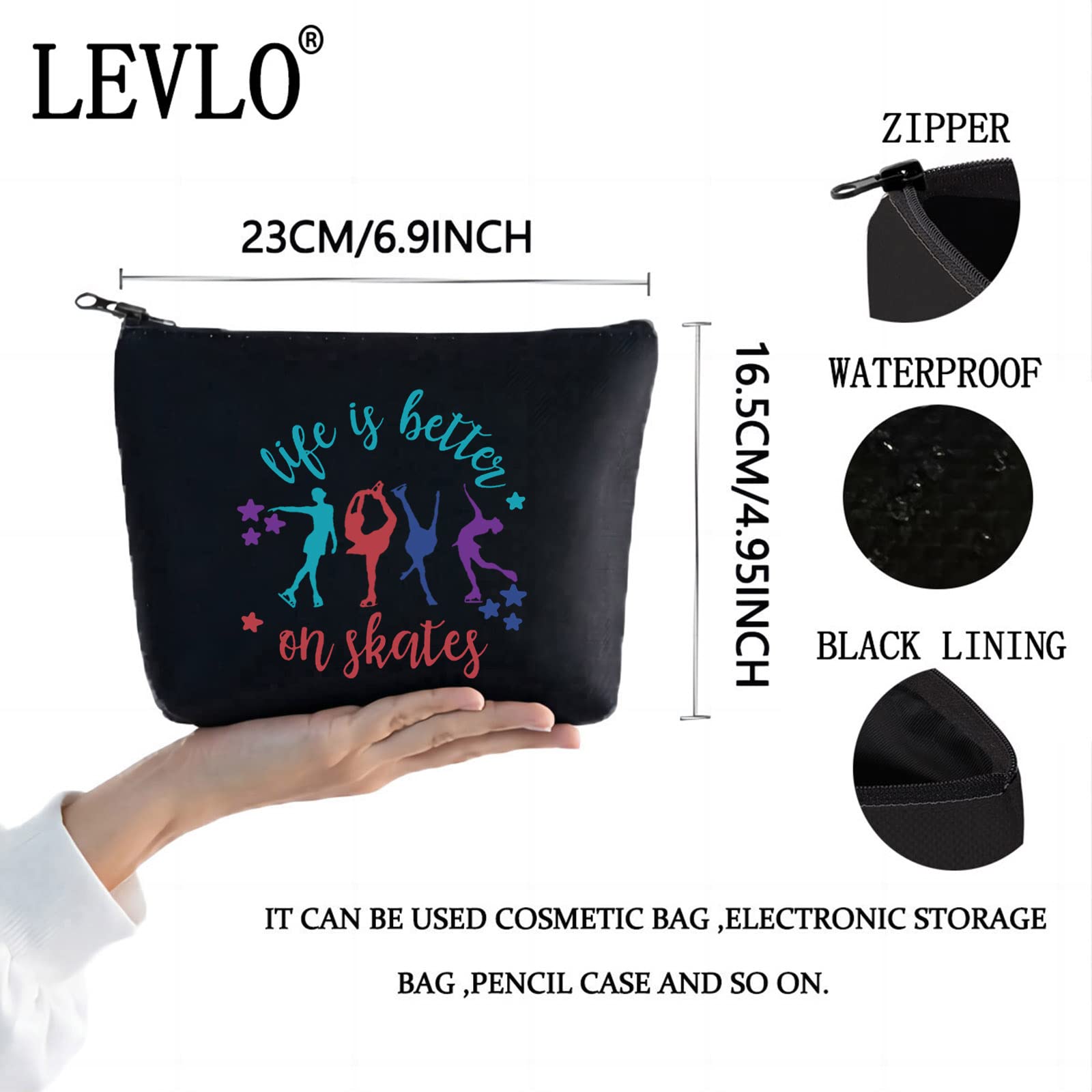LEVLO Ice Skate Themed Cosmetic Bag - Perfect Gift for Skate Lovers - Makeup Zipper Pouch - Figure Skating Accessories (Black Skates Design) - Ideal for Rink Days, Competitions & Travel