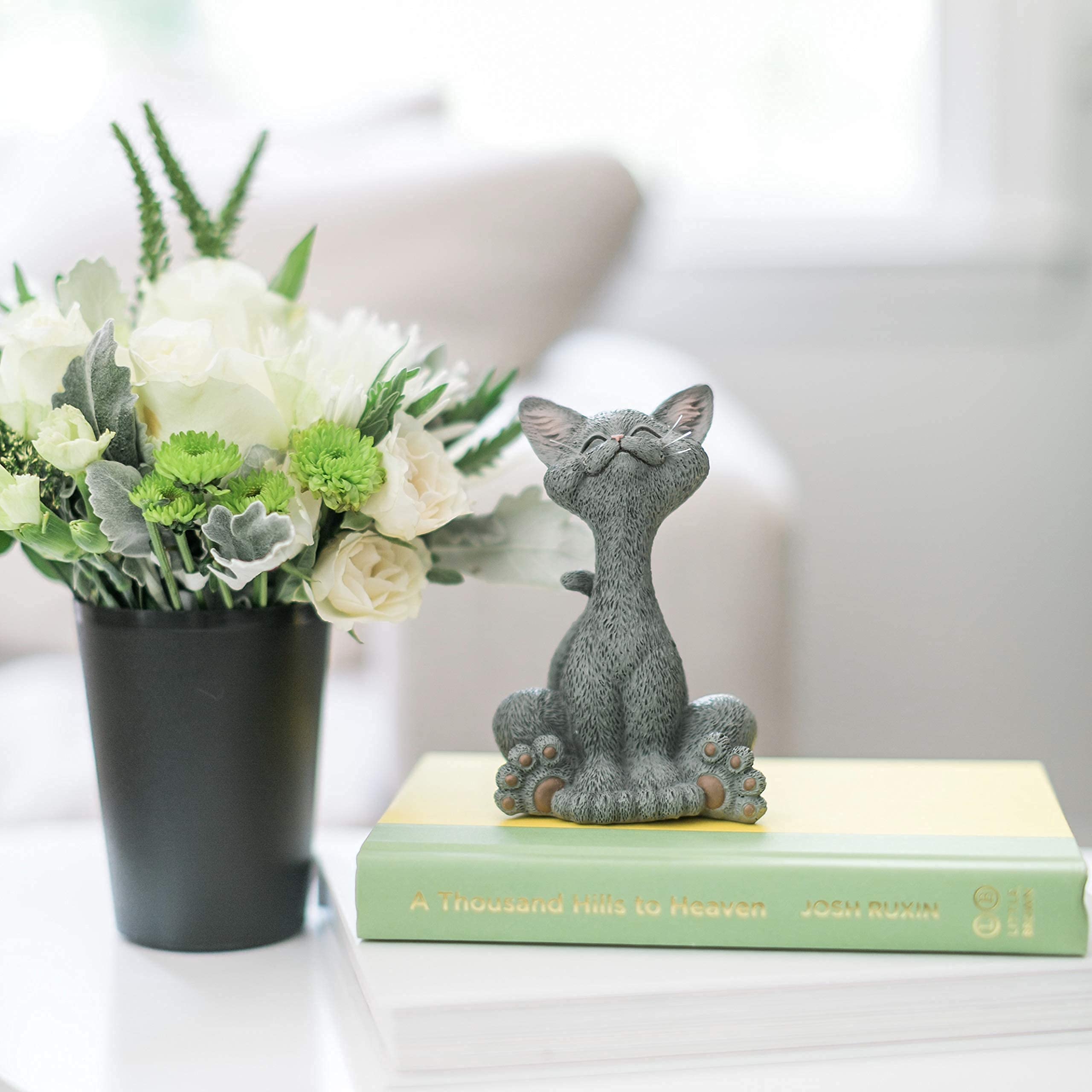 Happy Cat Figurine - Grey Smiling Cat Decor for Home & Office - Perfect Gift for Cat Lovers