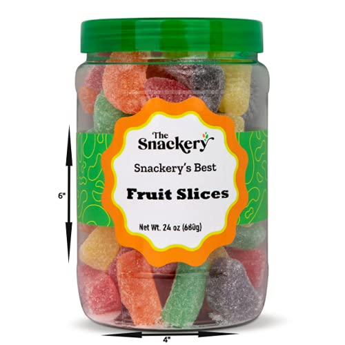 The Snackery Assorted Fruit Slices Candy - 1.5 Lbs Sweet & Tangy Fruit Flavored Candies in Reusable Round Plastic Jar with Green Lid - Perfect for Party Favors, Office Snacks & Gift Baskets