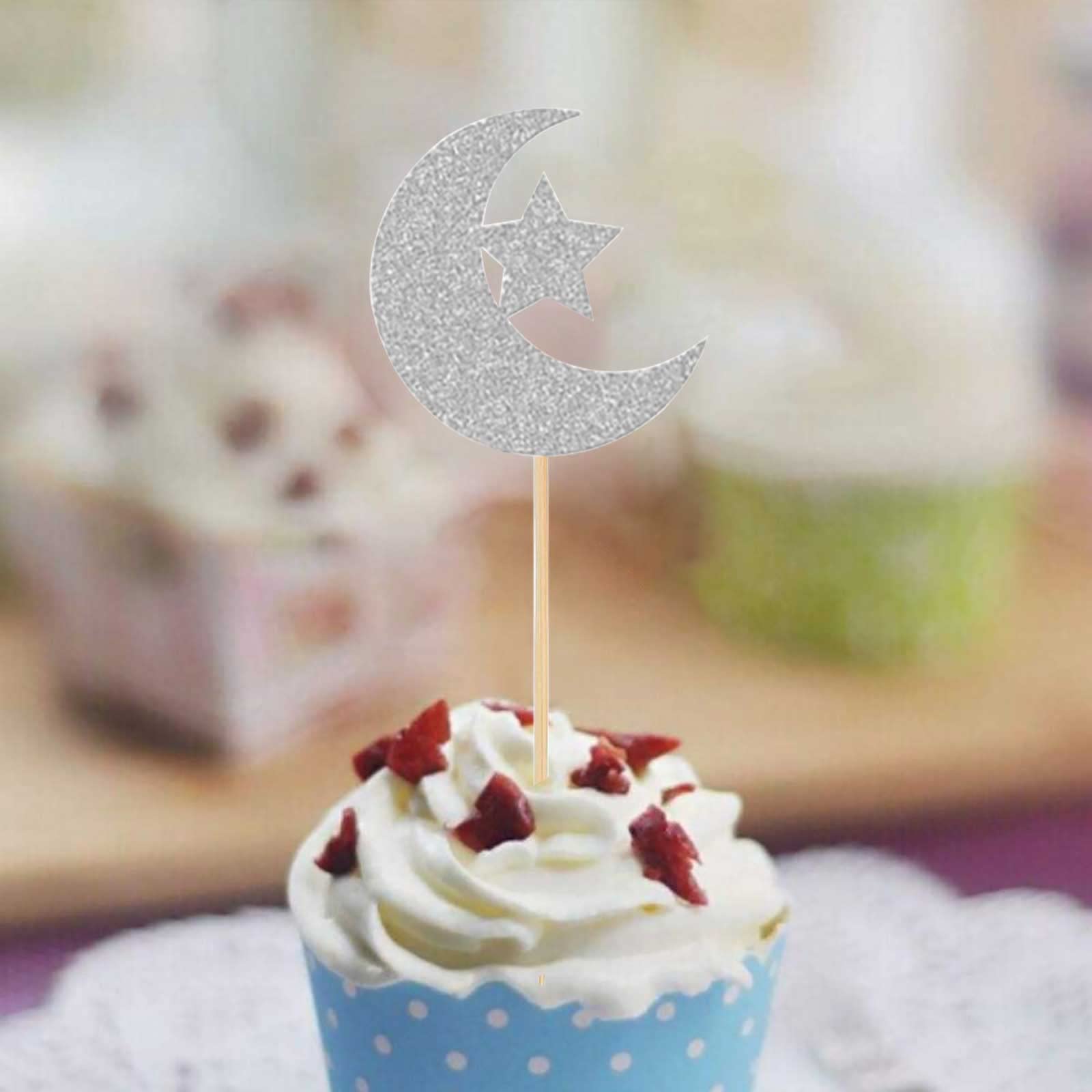 24pcs Silver Moon Star Cupcake Toppers - Glitter Eid Mubarak Cake Decorations, Food Picks for Wedding, Birthday, Baby Shower, Ramadan Kareem Party Supplies - Perfect for Festive Celebrations & Dessert Displays